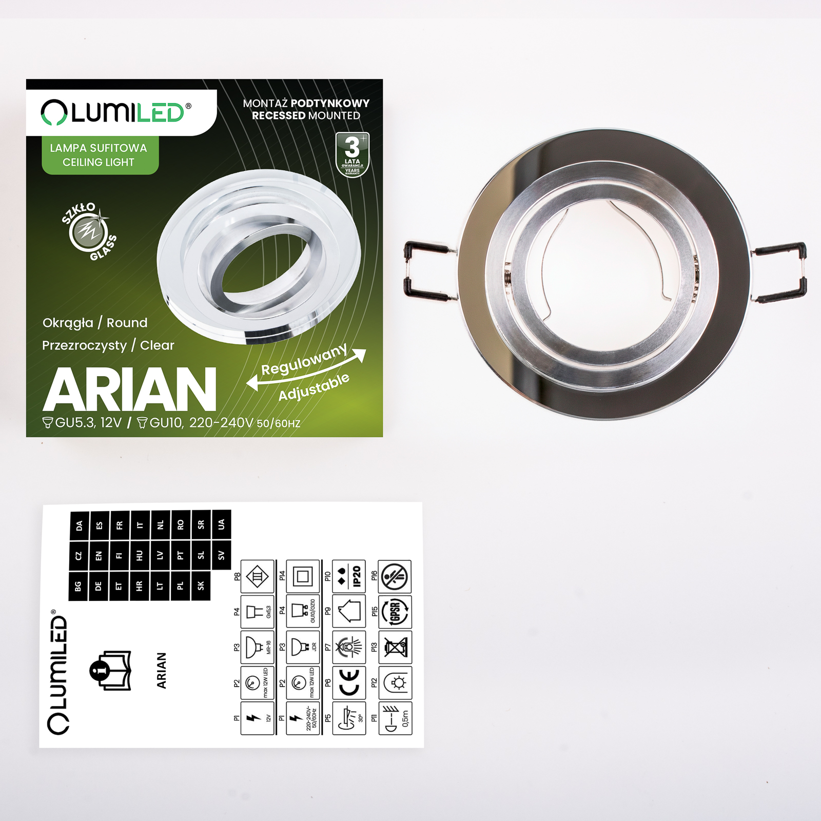 Oprawa Halogenowa Podtynkowa Lampa Sufitowa Szklana Okrągła Ruchoma GU10 ARIAN LUMILED - skład produktu