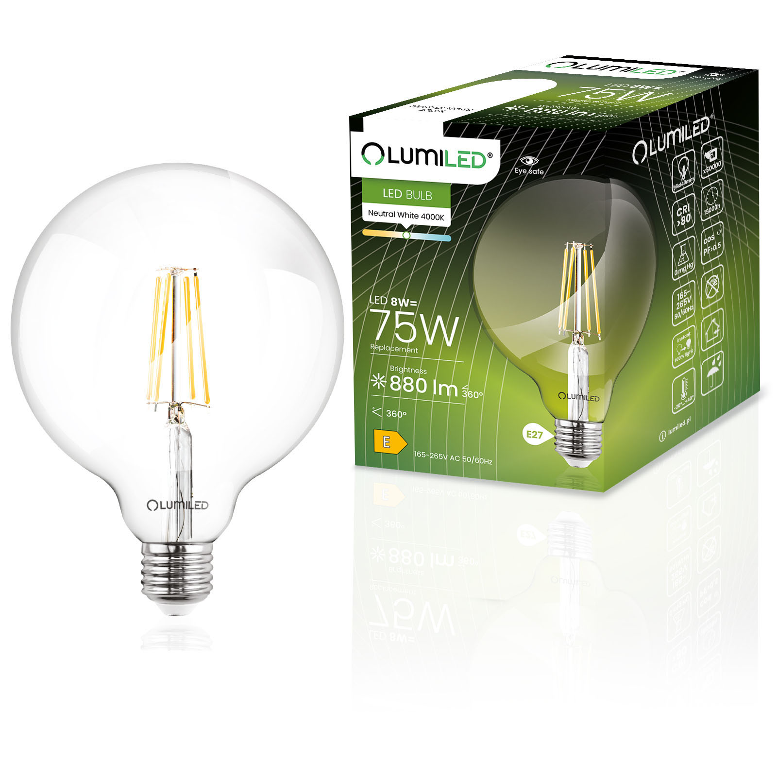 Żarówka LED E27 Kula G95 8W = 75W 880lm 4000K Neutralna 360° FILAMENT LUMILED - główne zdjęcie produktu