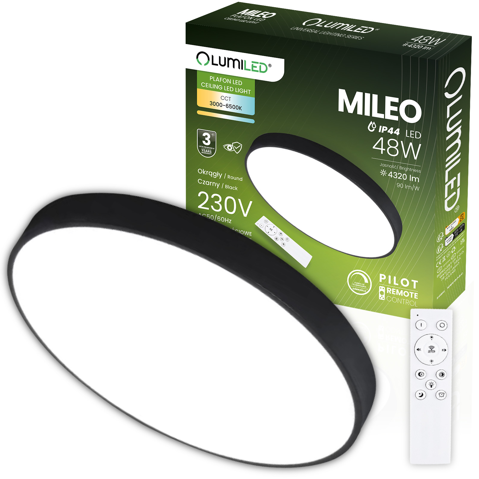 Plafon LED Lampa Sufitowa Natynkowa MILEO 48W IP44 CCT Biały Okrągły 40cm + PILOT LUMILED - główne zdjęcie produktu
