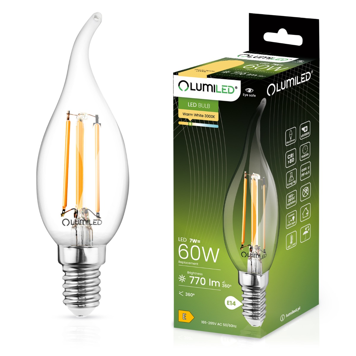 Żarówka LED E14 Świeczka BA35 7W = 60W 806lm 3000K Ciepła 360° FILAMENT LUMILED - główne zdjęcie produktu