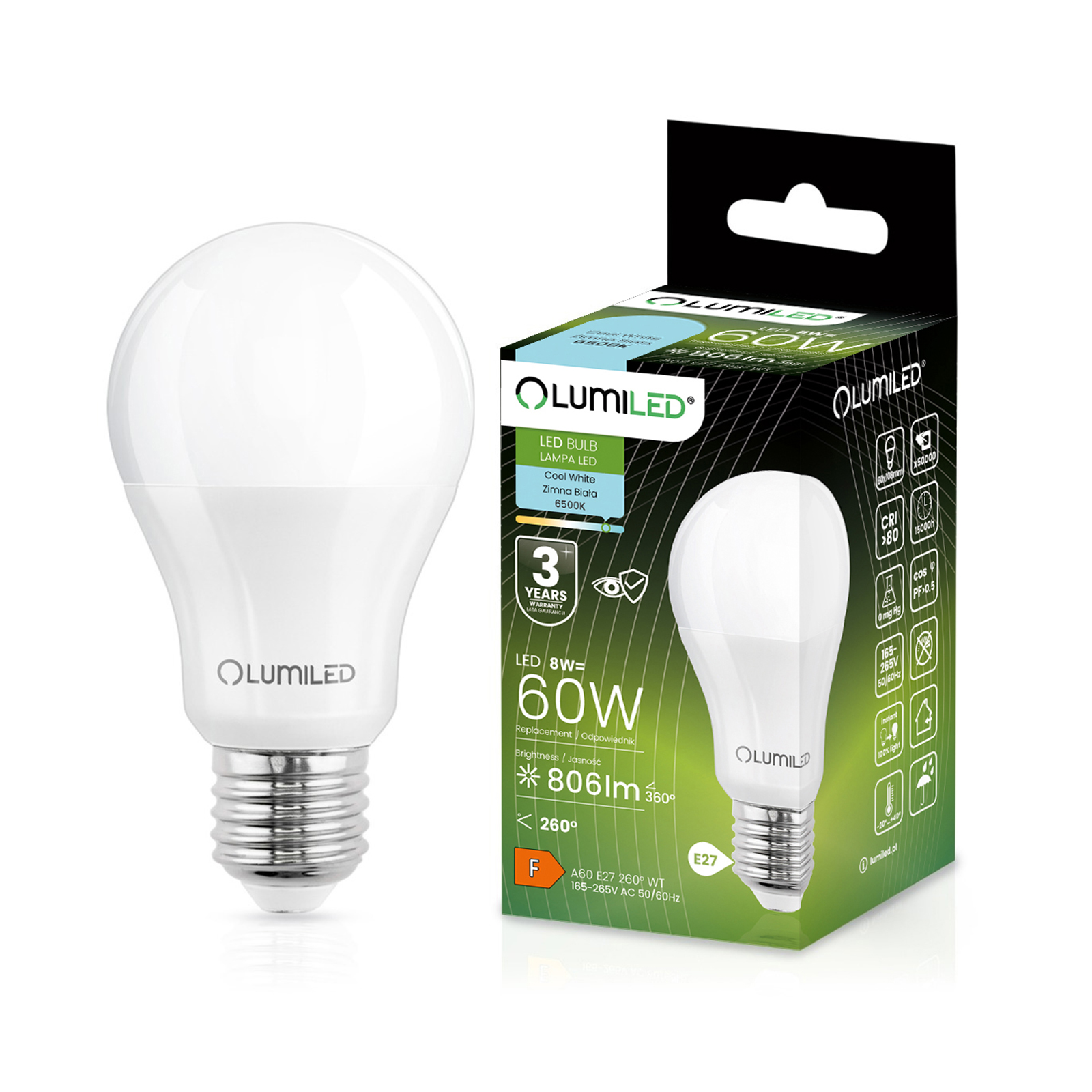 Żarówka LED E27 A60 8W = 60W 806lm 6500K Zimna 260° LUMILED - główne zdjęcie produktu
