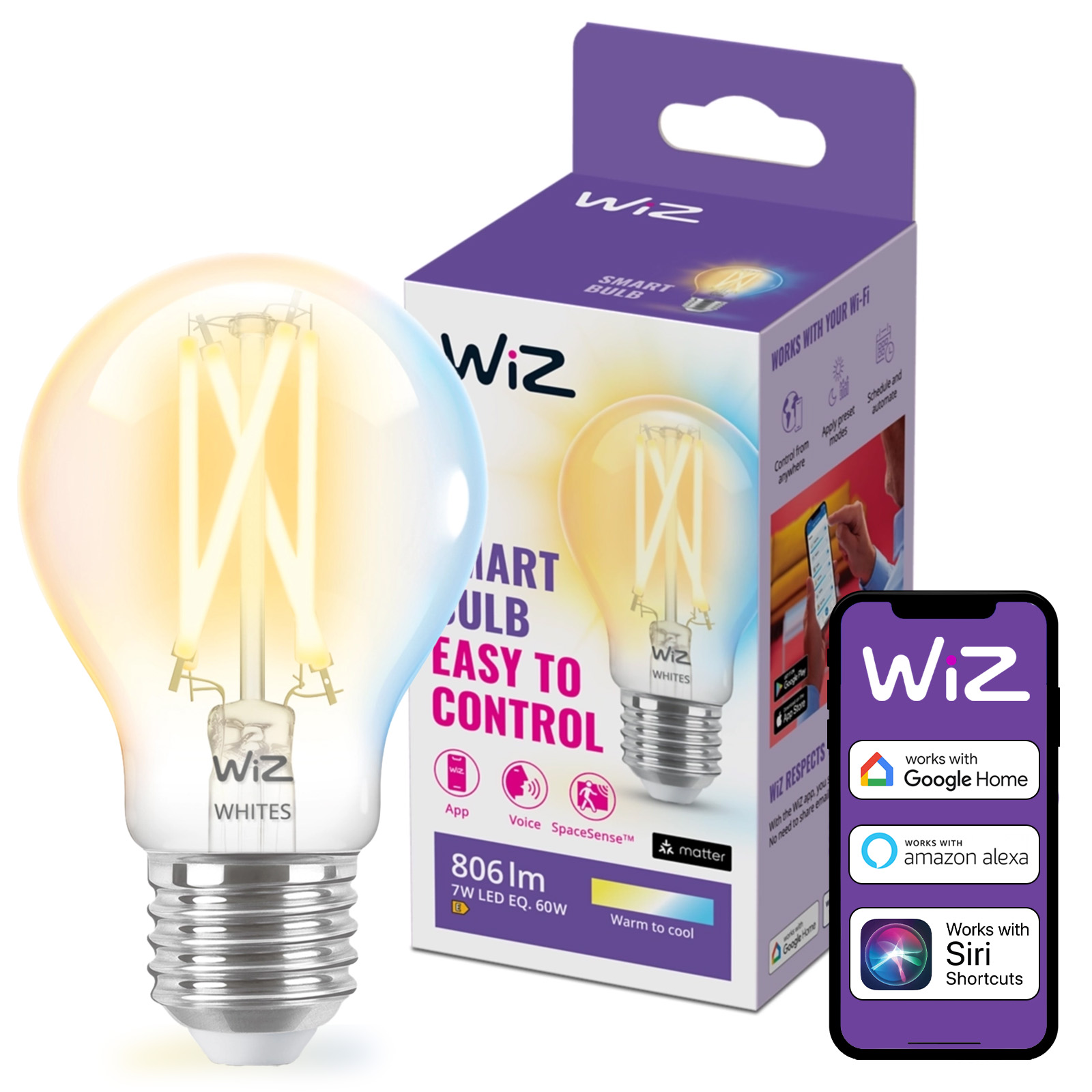 Żarówka LED E27 A60 7W = 60W 806lm 2700-6500K TW FILAMENT Inteligentna SMART WiFi Bluetooth Aplikacja WiZ - główne zdjęcie produktu