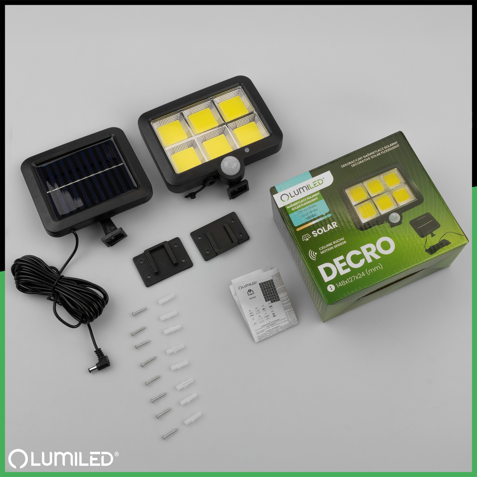 Naświetlacz Solarny LED Halogen Lampa Ogrodowa 6500K IP65 Czujnik Ruchu i Zmierzchu DECRO LUMILED - skład produktu