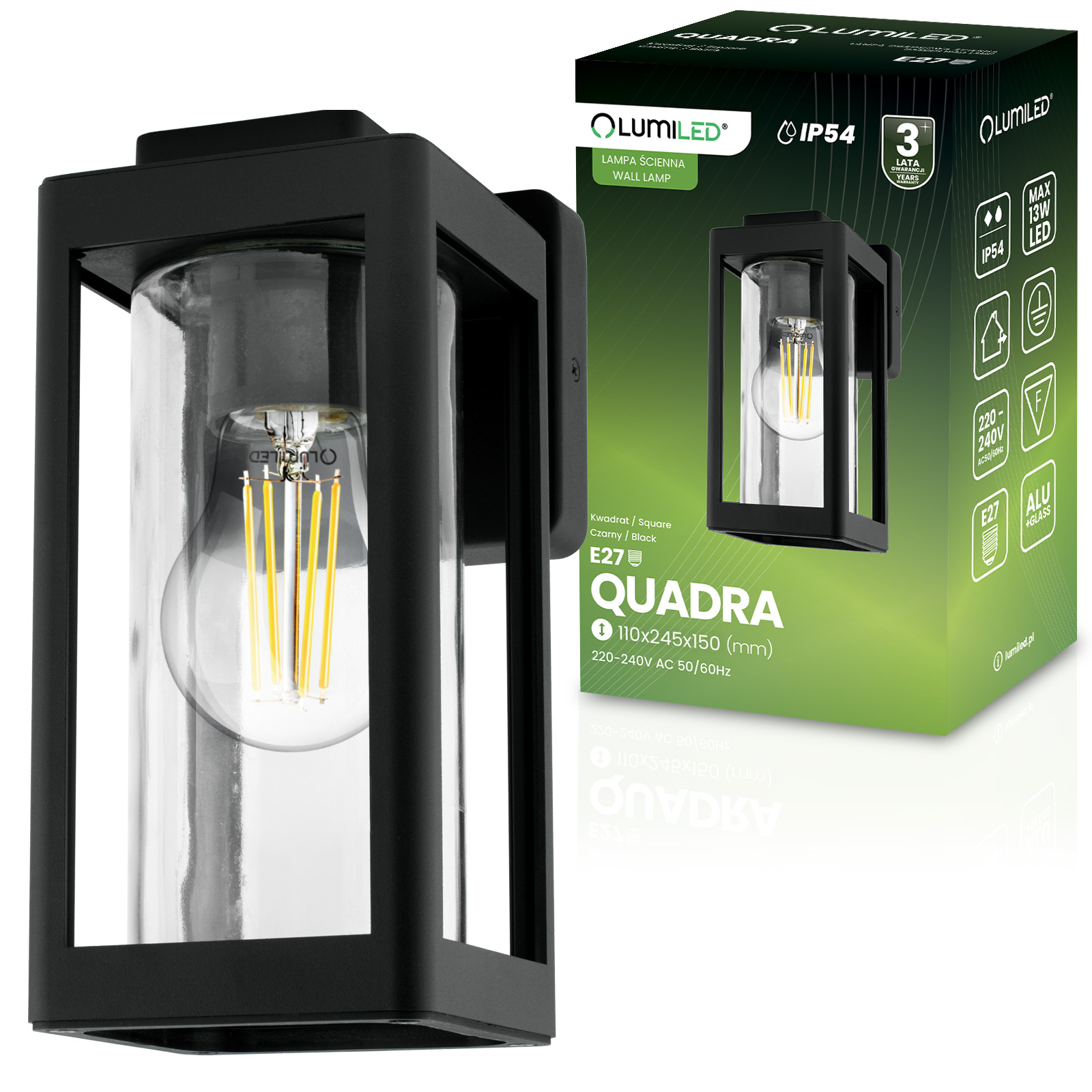Kinkiet Ogrodowy Elewacyjny Zewnętrzny Lampa E27 QUADRA LUMILED - główne zdjęcie produktu