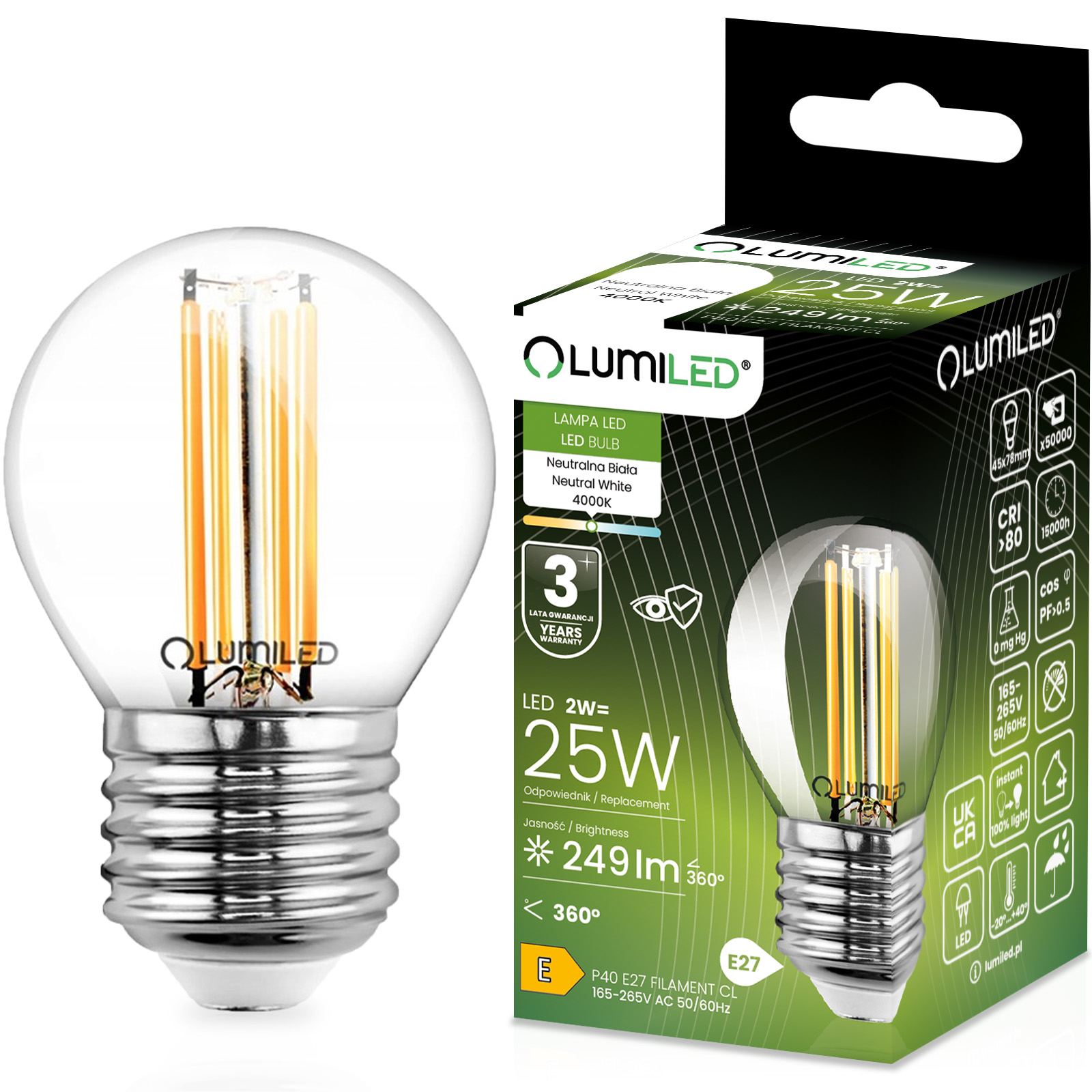 Żarówka LED E27 Kulka P45 2W = 25W 249lm 4000K Neutralna 360° FILAMENT LUMILED - główne zdjęcie produktu