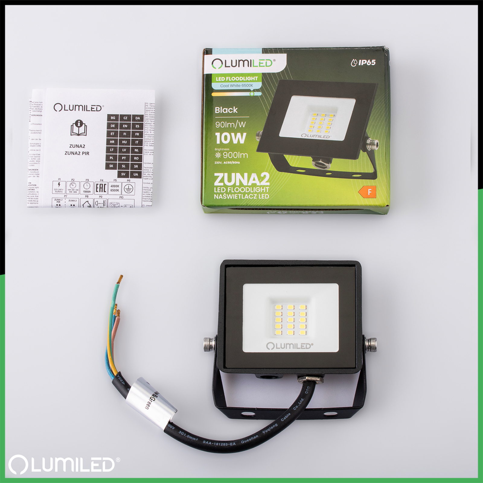Naświetlacz LED ZUNA2 10W 900lm 6500K IP65 Czarny LUMILED - skład produktu