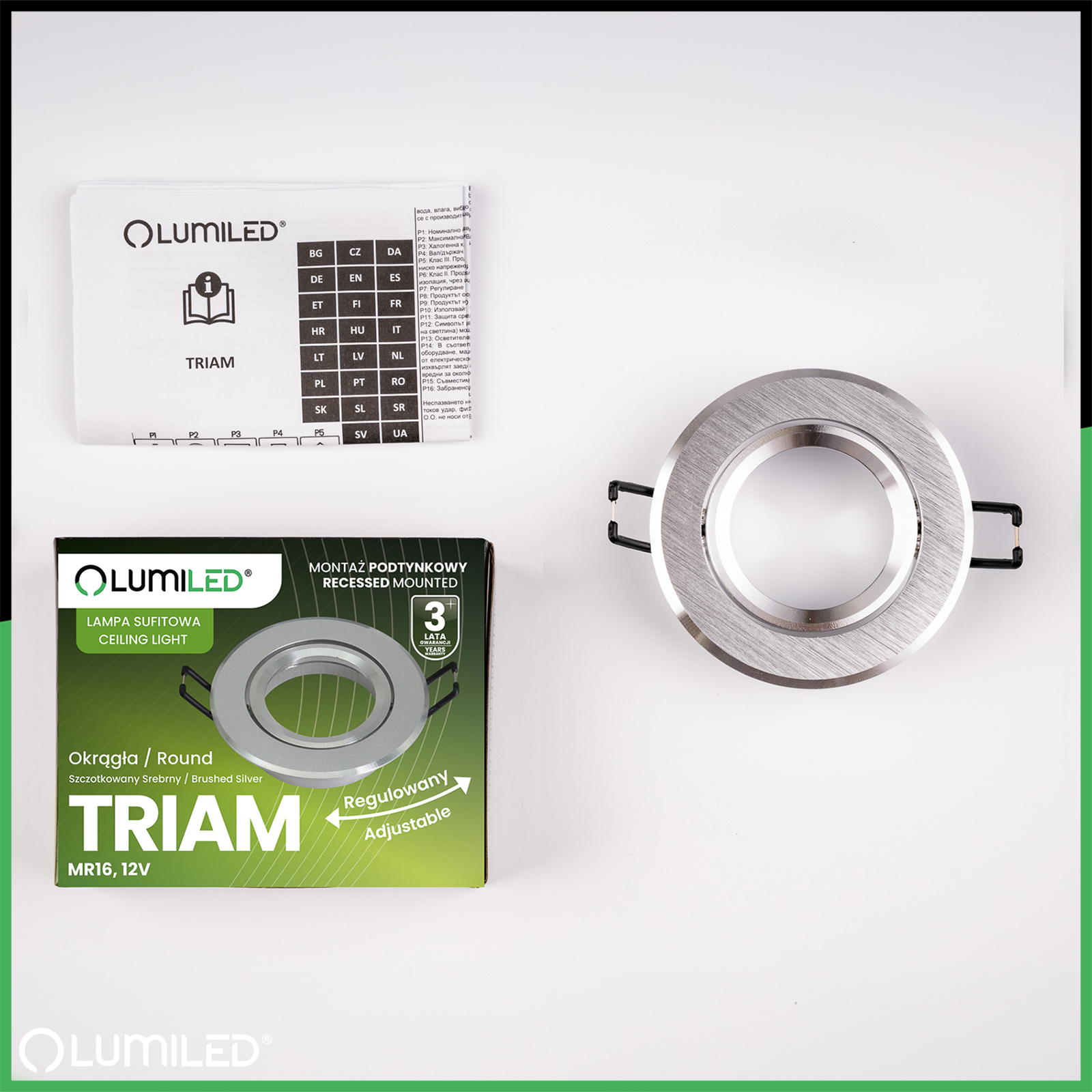Oprawa Halogenowa Podtynkowa Lampa Sufitowa Okrągła Ruchoma GU10 MR16 Srebrna TRIAM LUMILED - skład produktu