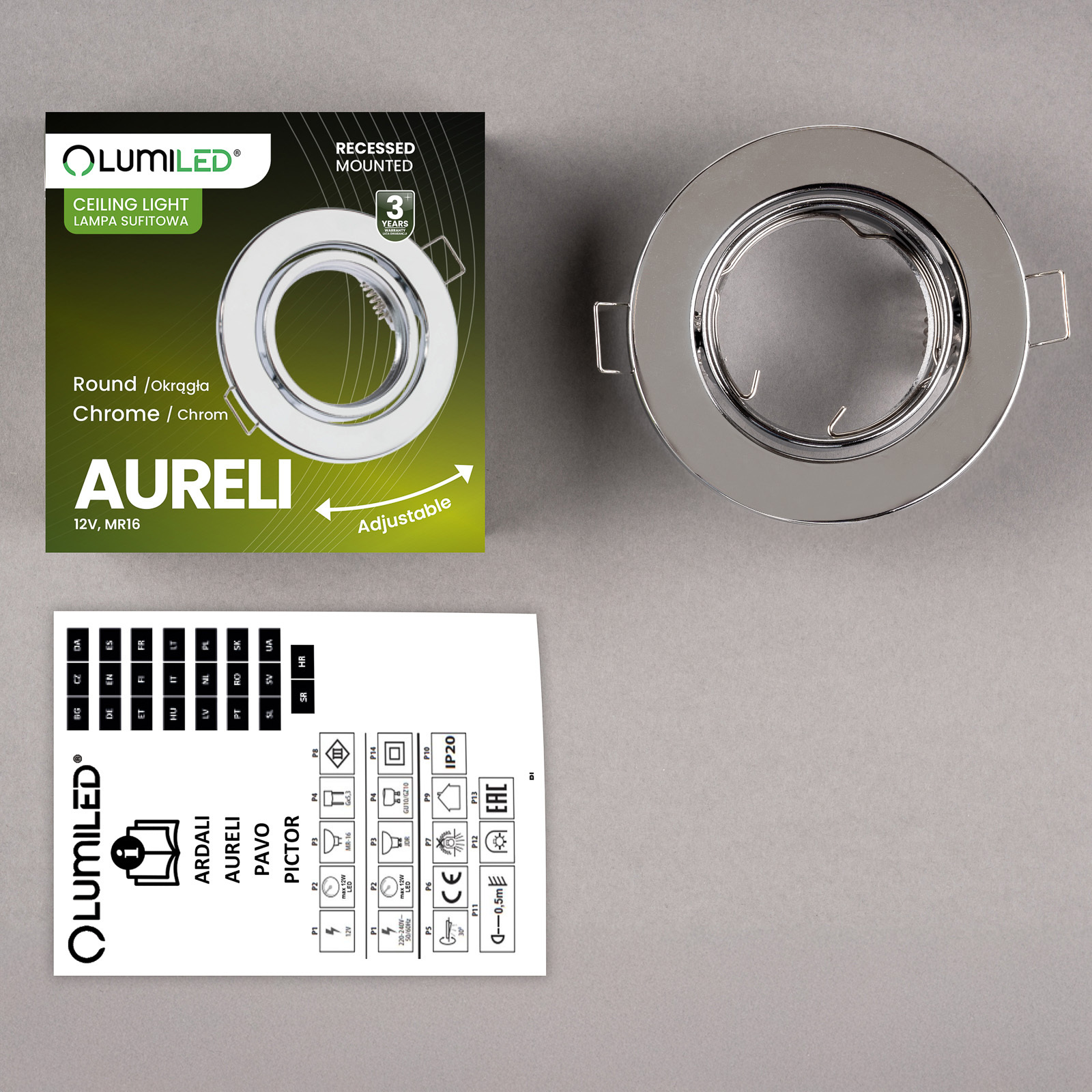Oprawa HALOGENOWA Podtynkowa Ruchoma Okrągła AURELI Chrom Blacha MR16 GU10 - skład produktu