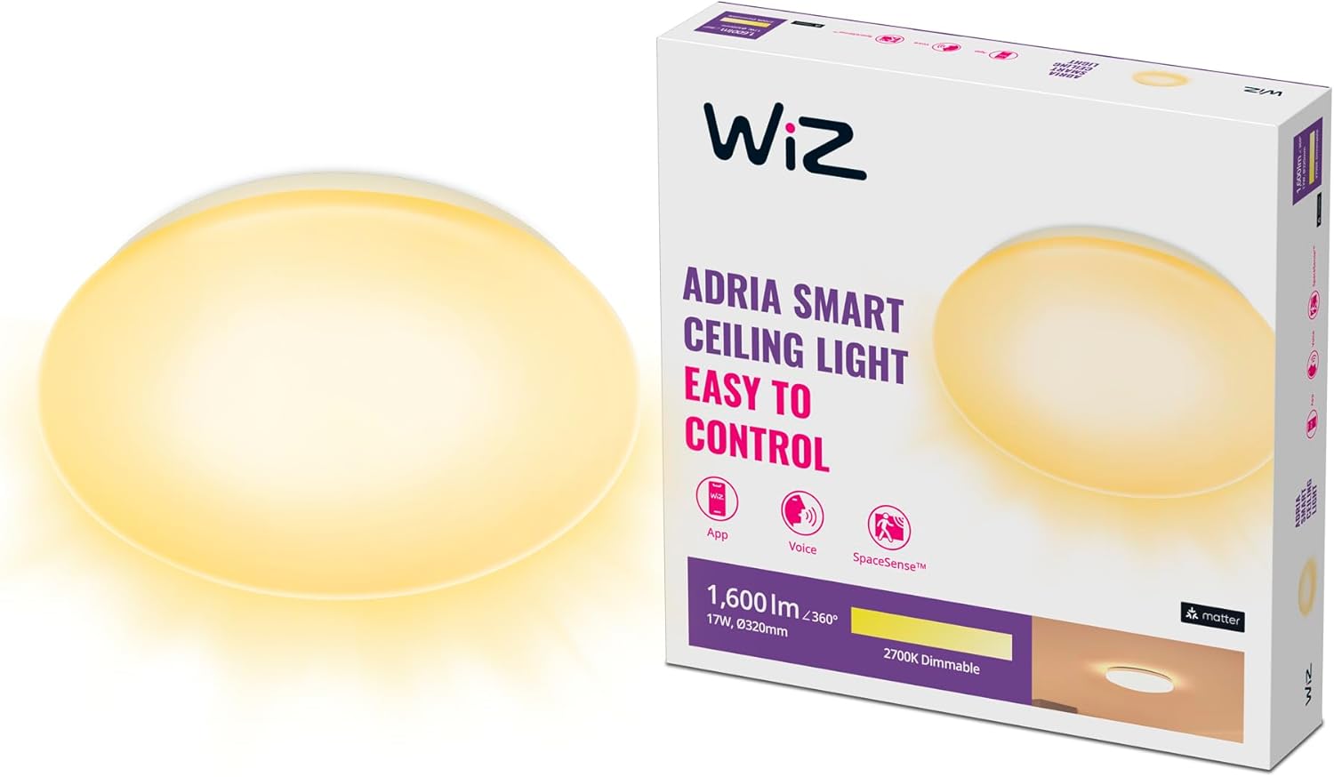 Plafon LED Lampa Sufitowa Natynkowa 17W 1600lm 2700K Ciepła 32cm Biała Okrągła Inteligentna SMART WiFi Bluetooth Aplikacja Adria WiZ - główne zdjęcie produktu