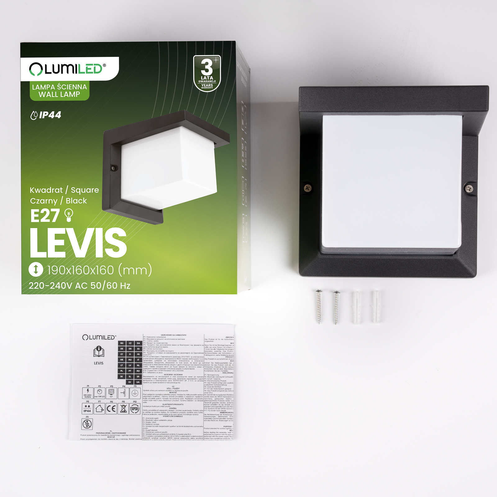 Lampa Ogrodowa Kinkiet Elewacyjny E27 Kwadratowy LEVIS LUMILED - skład produktu