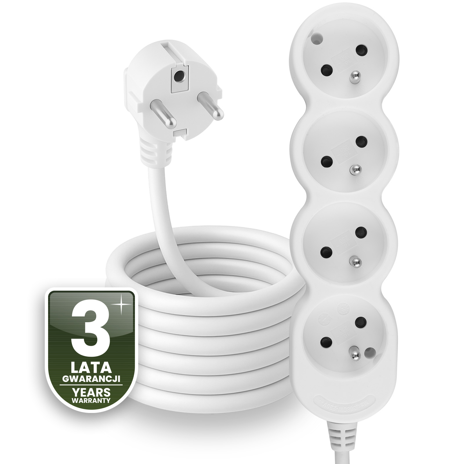 Przedłużacz Sieciowy Kabel z Uziemieniem Listwa Zasilająca 4 Gniazda 5m Biały Sznur Lendo Lumiled - czwarta cecha produktu