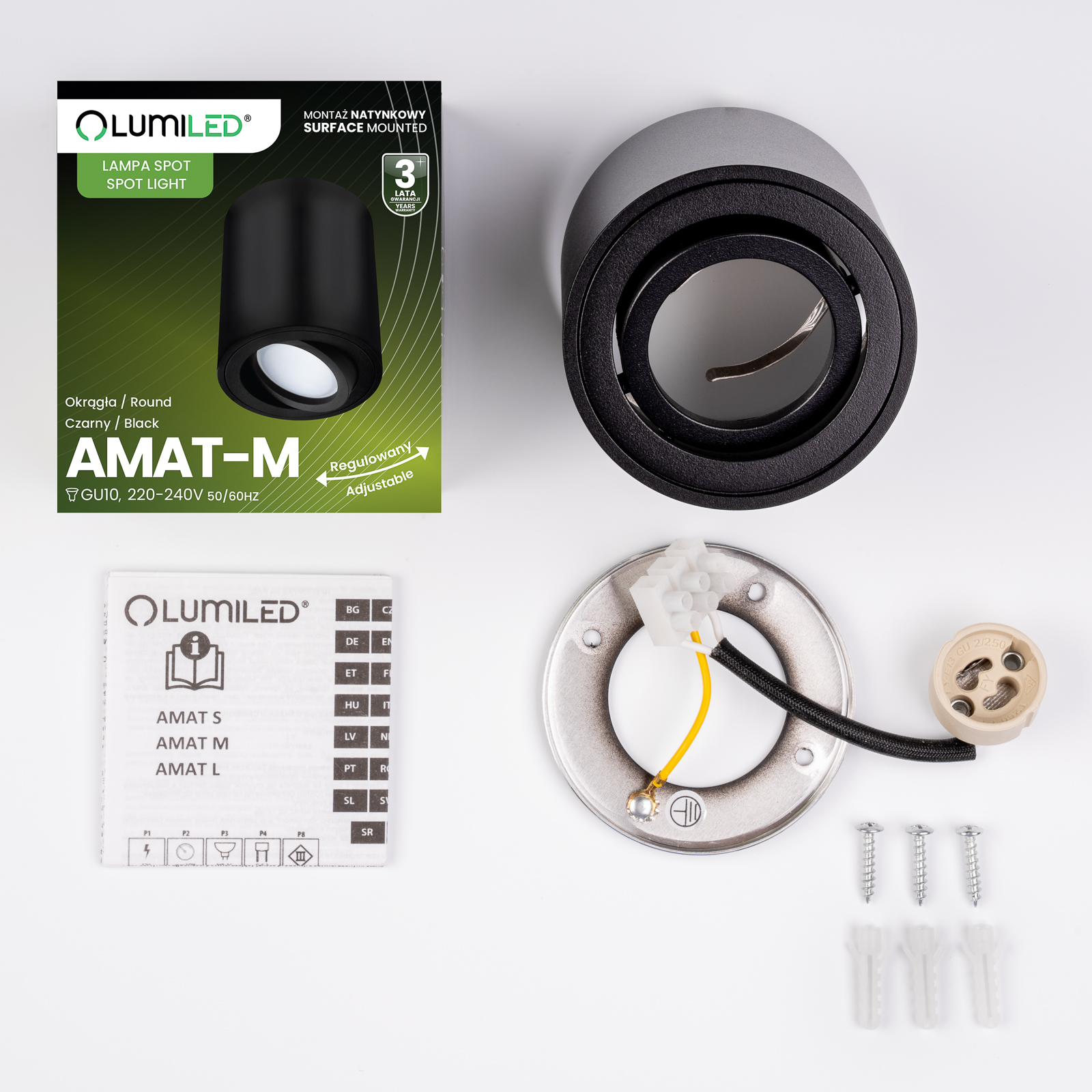 Oprawa Natynkowa HALOGENOWA Spot Tuba Ruchoma GU10 Okrągła Czarna 84mm AMAT-M LUMILED - skład produktu