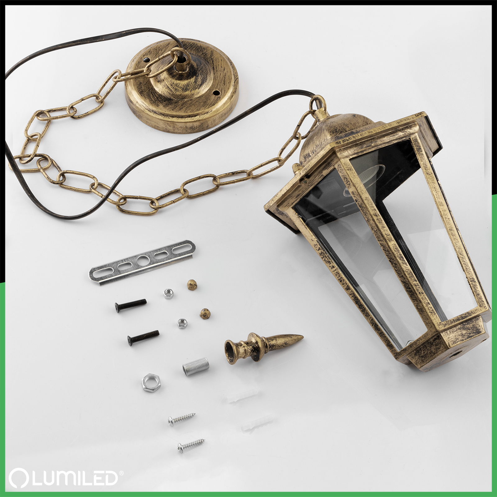 Lampa Ogrodowa Wisząca Zewnętrzna E27 LATARNIA Patyna BELLIS LUMILED - skład produktu