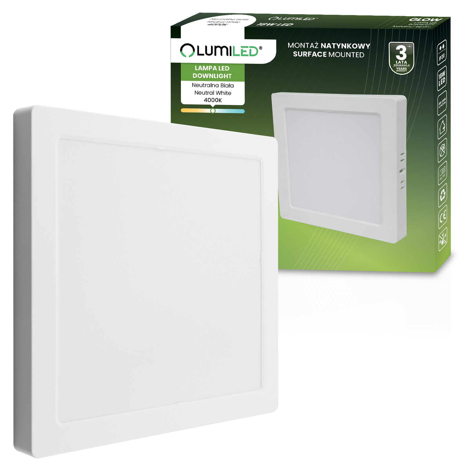 Oprawa Natynkowa Lampa LED Sufitowa 18W Kwadrat 4000K GLOW Biała LUMILED - główne zdjęcie produktu