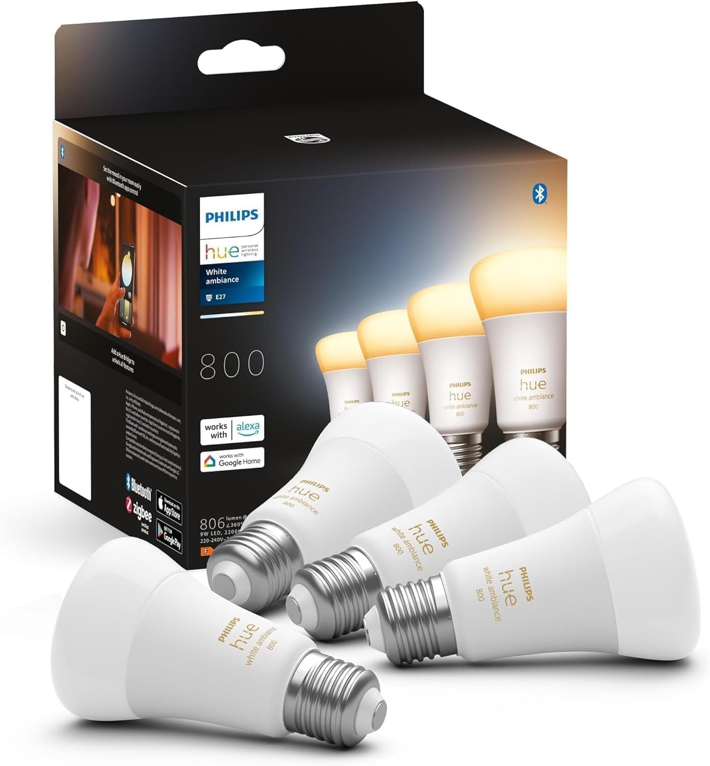 4x Żarówka LED E27 A60 9W = 60W 806lm 2200-6500K CCT SMART Inteligentna Bluetooth ZigBee White Ambiance Philips HUE - główne zdjęcie produktu