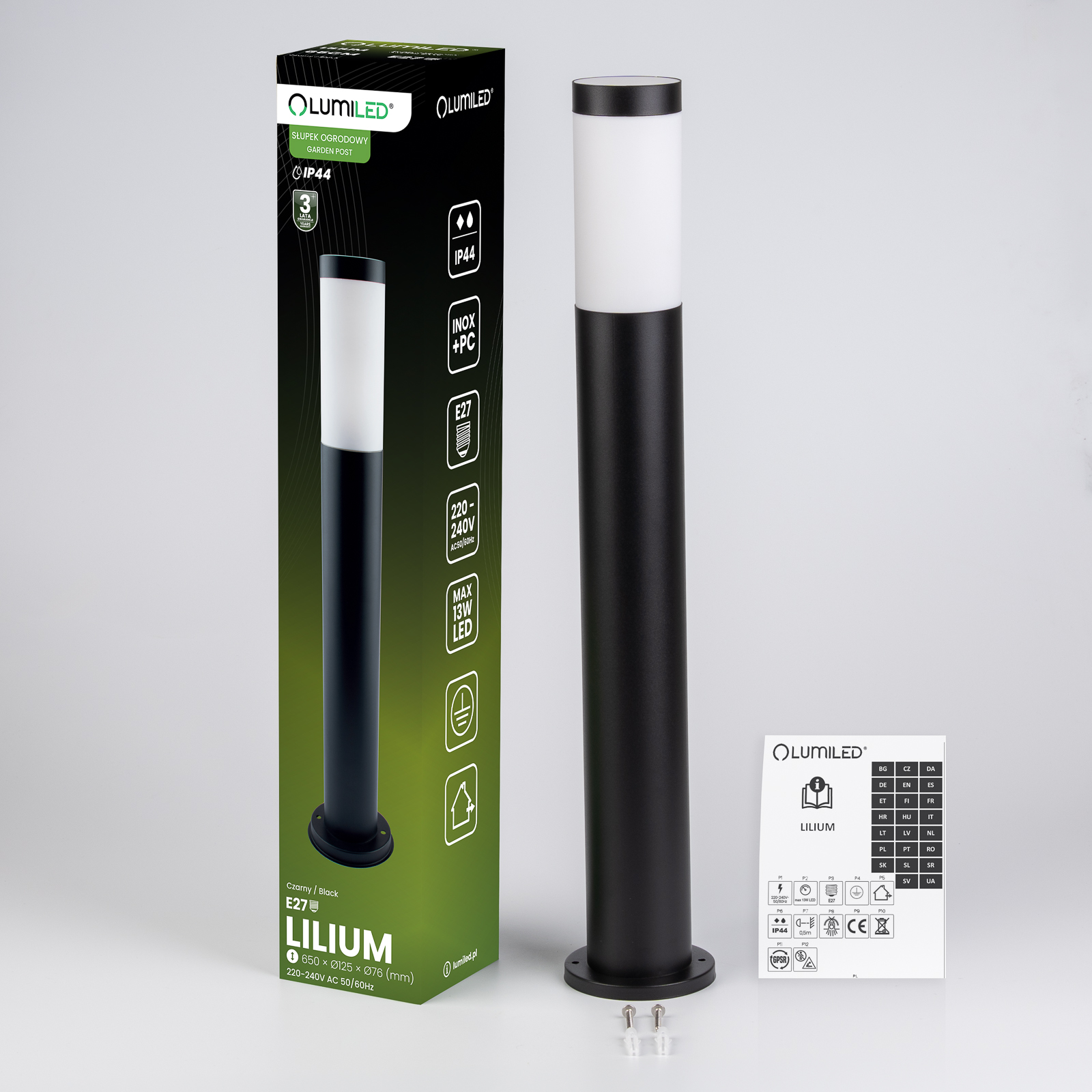 Lampa Ogrodowa Zewnętrzna E27 CZARNY SŁUPEK 65cm Lilium LUMILED - skład produktu