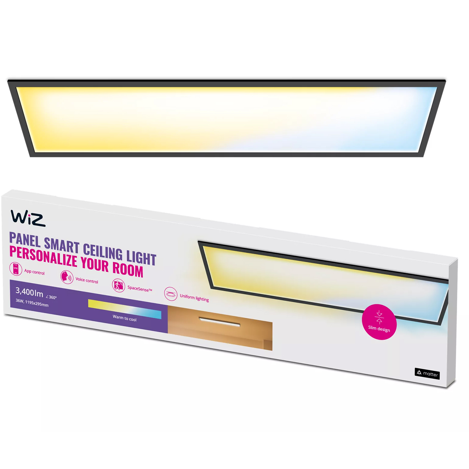 Panel LED Lampa Sufitowa Natynkowa 36W 3400lm 2700-6500K TW 120x30 cm Czarna Prostokątna Inteligentna SMART WiFi Bluetooth Aplikacja WiZ - główne zdjęcie produktu