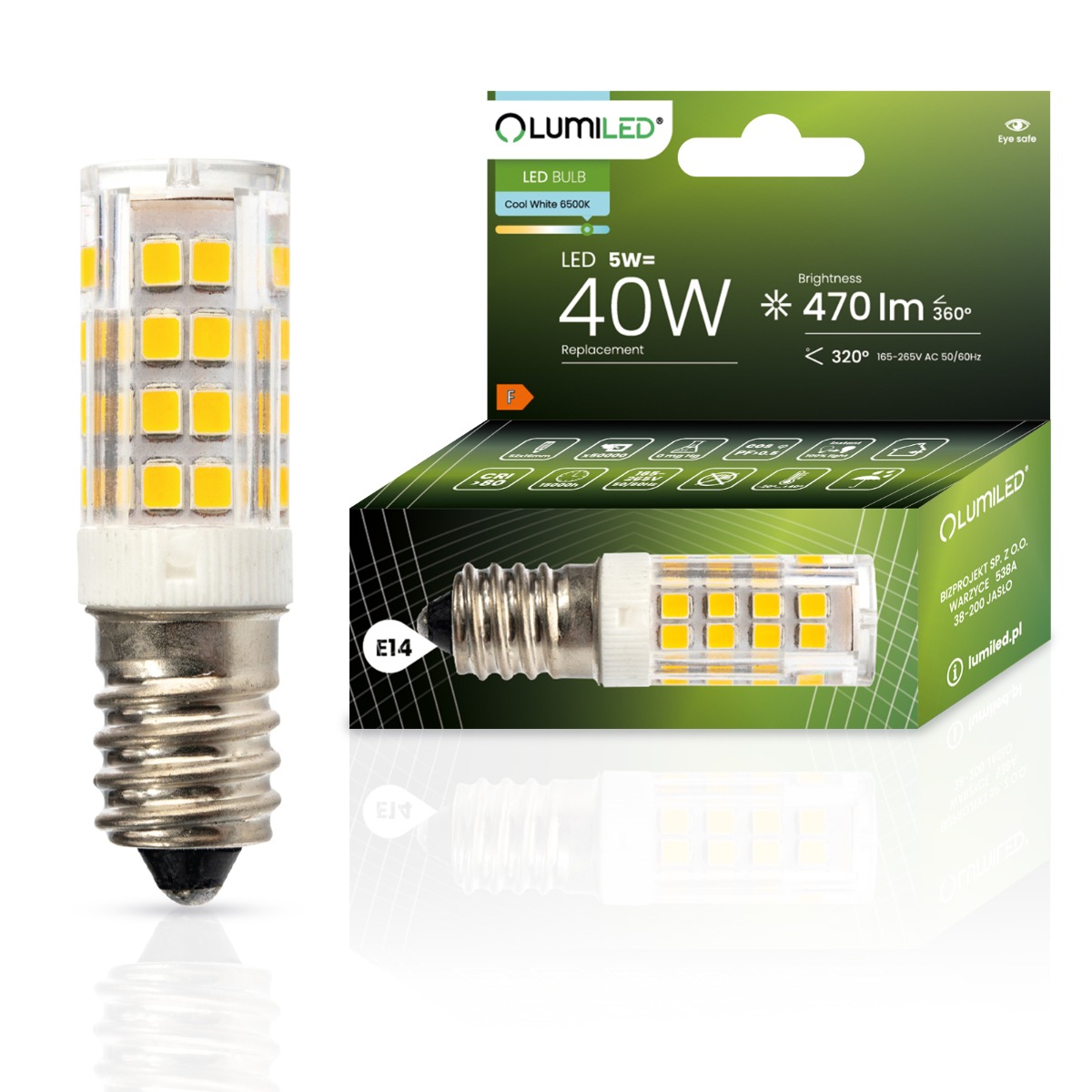 Żarówka LED E14 Tubularna T25 5W = 40W 470lm 6500K Zimna 320° LUMILED - główne zdjęcie produktu