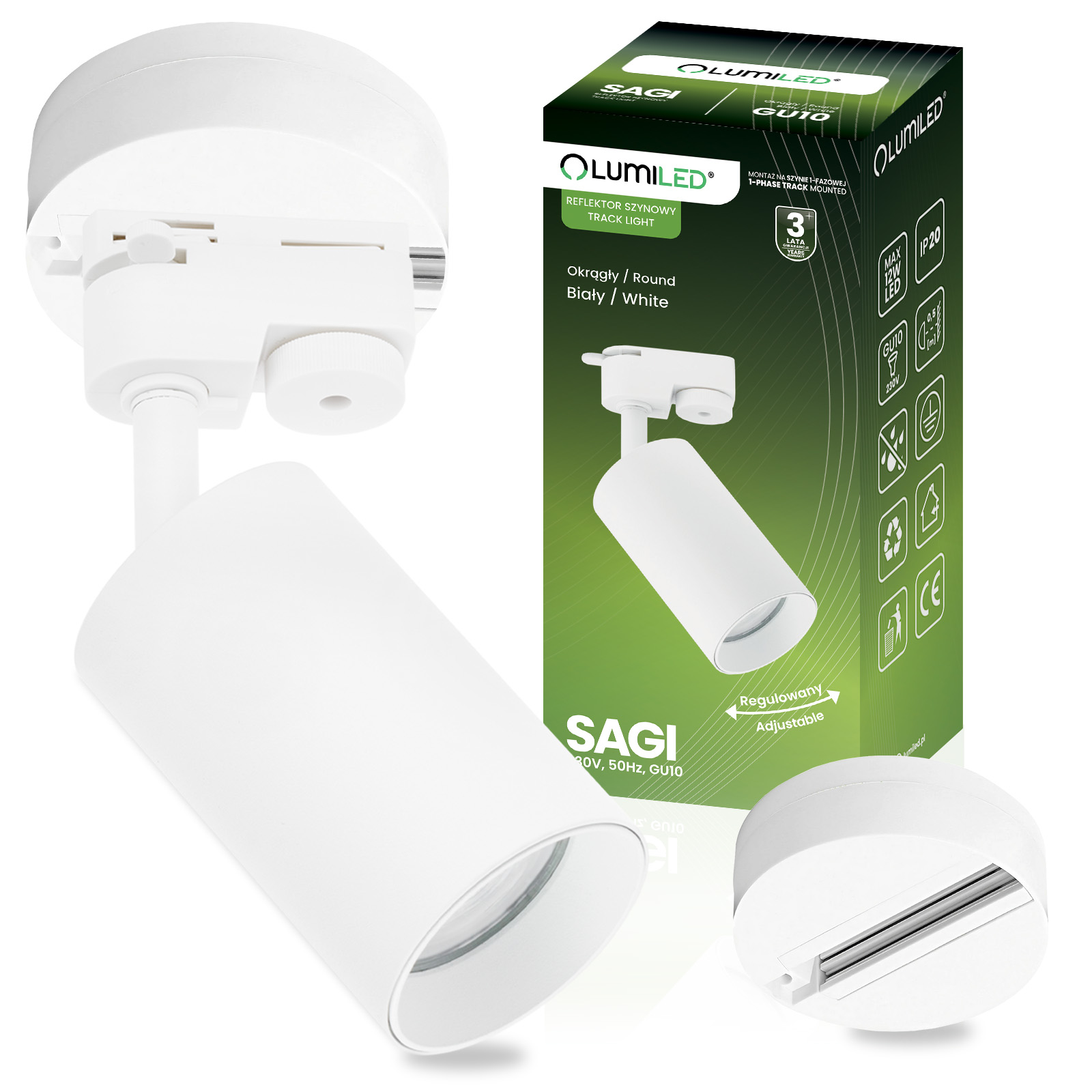 ZESTAW LUMILED SZYNA HUMA BIAŁY + REFLEKTOR SZYNOWY SAGI BIAŁY - główne zdjęcie produktu