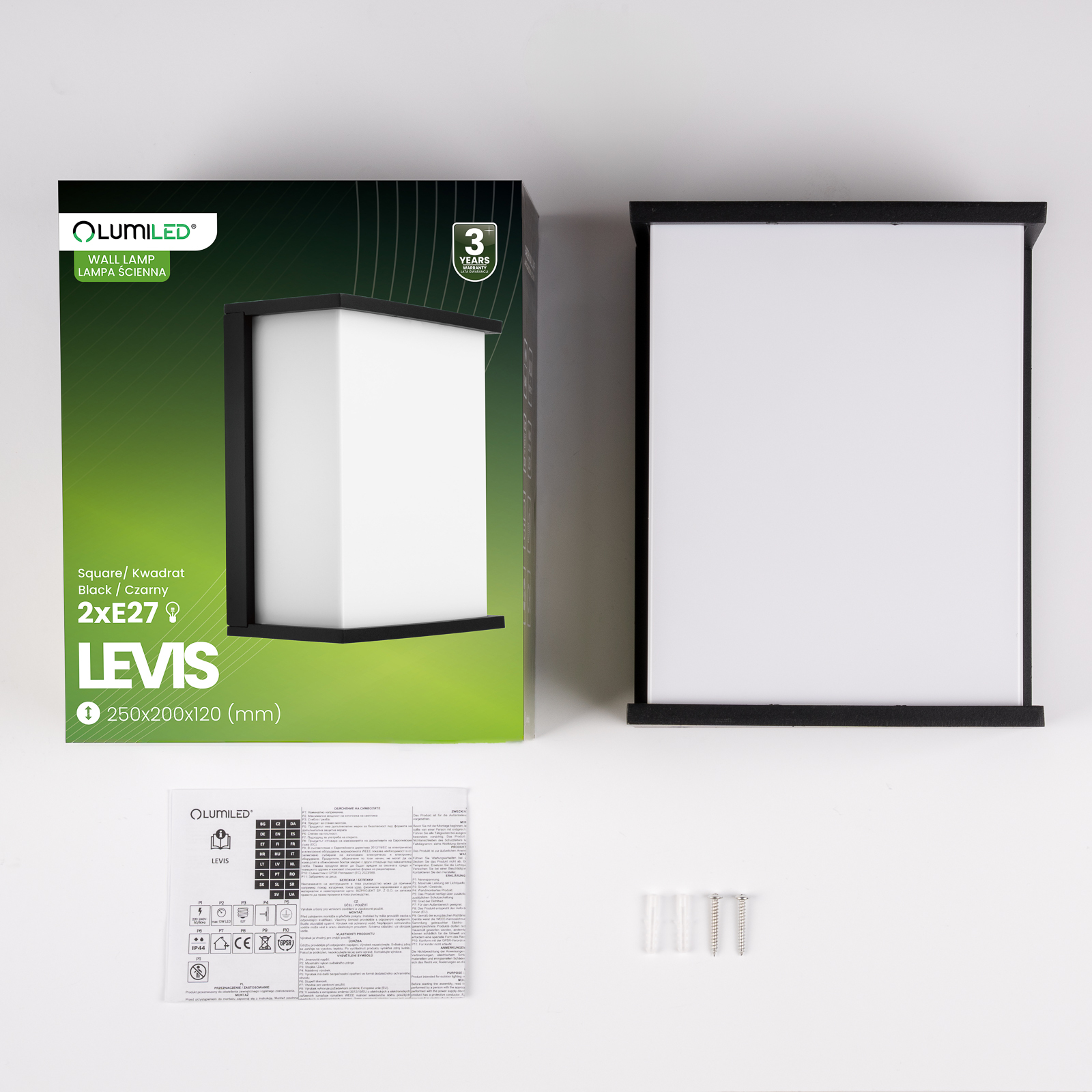 Lampa Ogrodowa Zewnętrzna Ścienna Kinkiet Elewacyjny 2x E27 Prostokątny LEVIS LUMILED - skład produktu