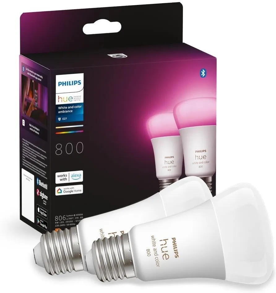 2x Żarówka LED E27 A60 9W = 60W 806lm 2000-6500K CCT + RGB SMART Inteligentna Bluetooth ZigBee White and Color Ambiance Philips HUE - główne zdjęcie produktu