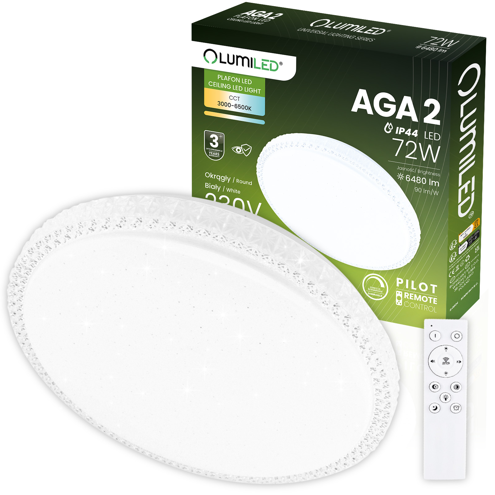 Plafon LED Lampa Sufitowa Natynkowa AGA2 72W IP44 CCT Biały Okrągły 50cm + PILOT LUMILED - główne zdjęcie produktu