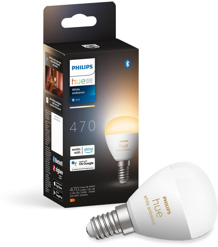 Żarówka LED E14 Kulka P45 5.1W = 40W 470lm 2200-6500K CCT SMART Inteligentna Bluetooth ZigBee White Ambiance Philips HUE - główne zdjęcie produktu
