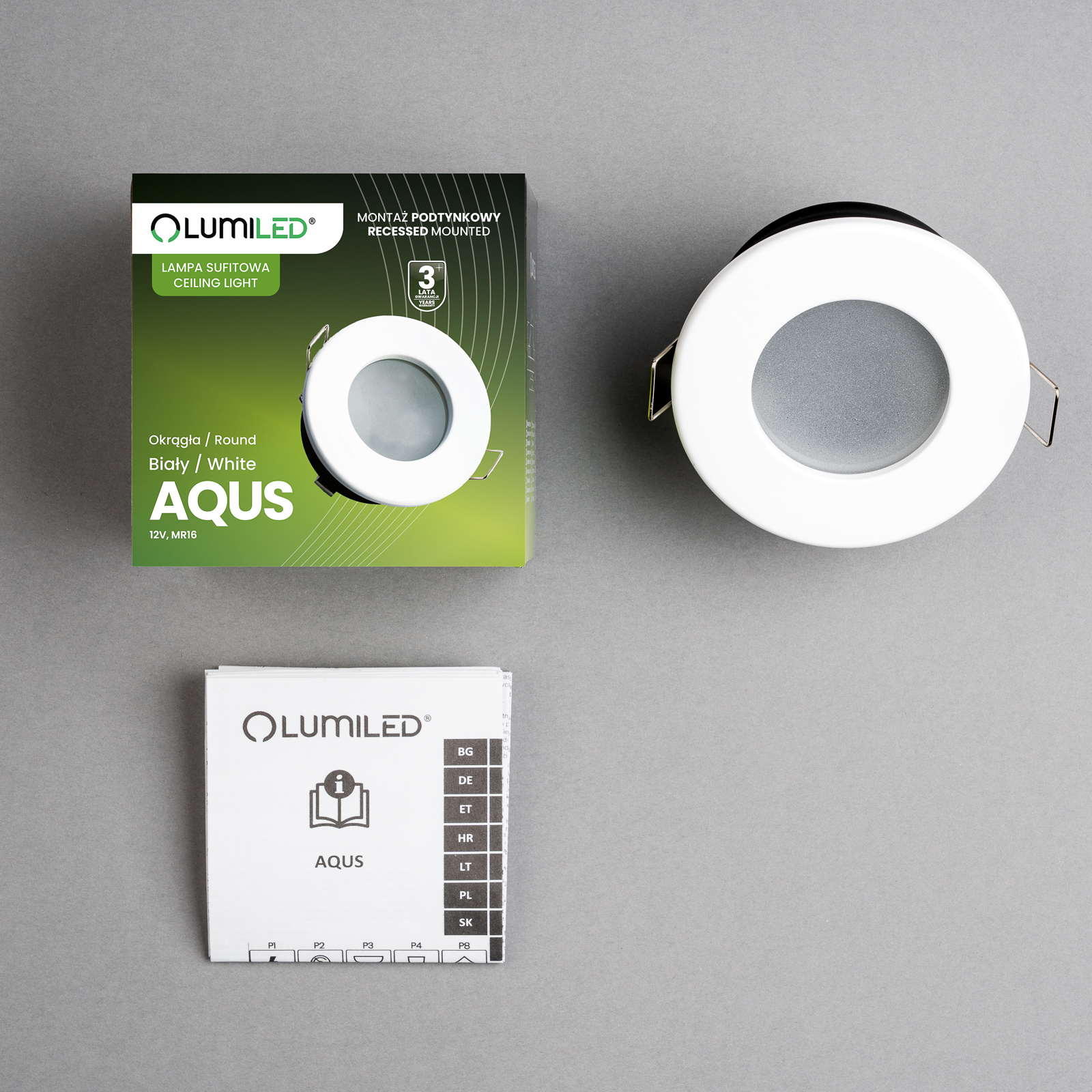 Oprawa Halogenowa Podtynkowa Wpuszczana LED MR16 Okrągła Biała AQUS Lumiled - skład produktu