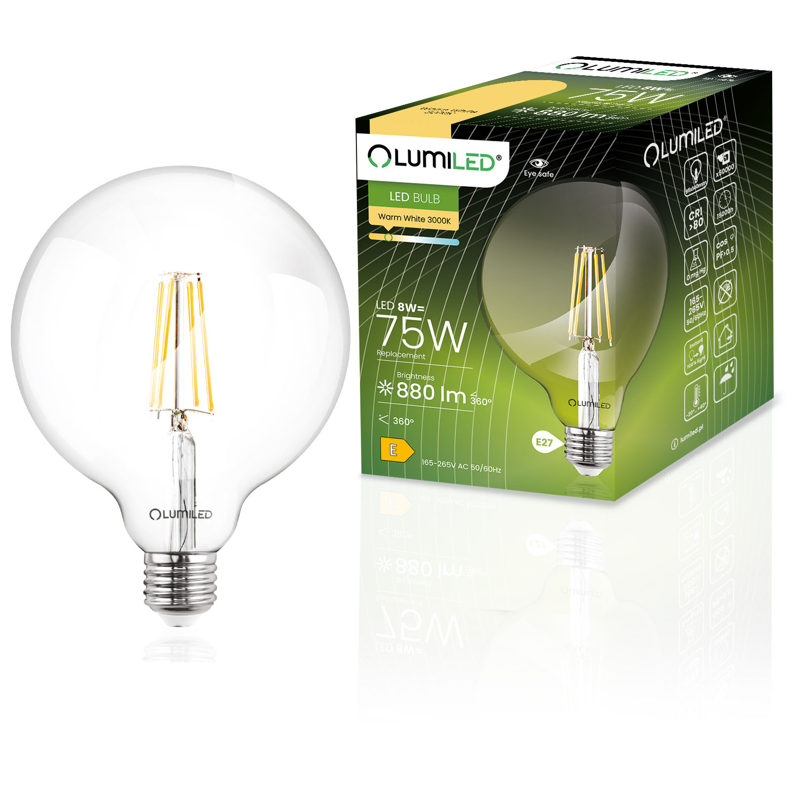 Żarówka LED E27 Kula G95 8W = 75W 880lm 3000K Ciepła 360° FILAMENT LUMILED - główne zdjęcie produktu