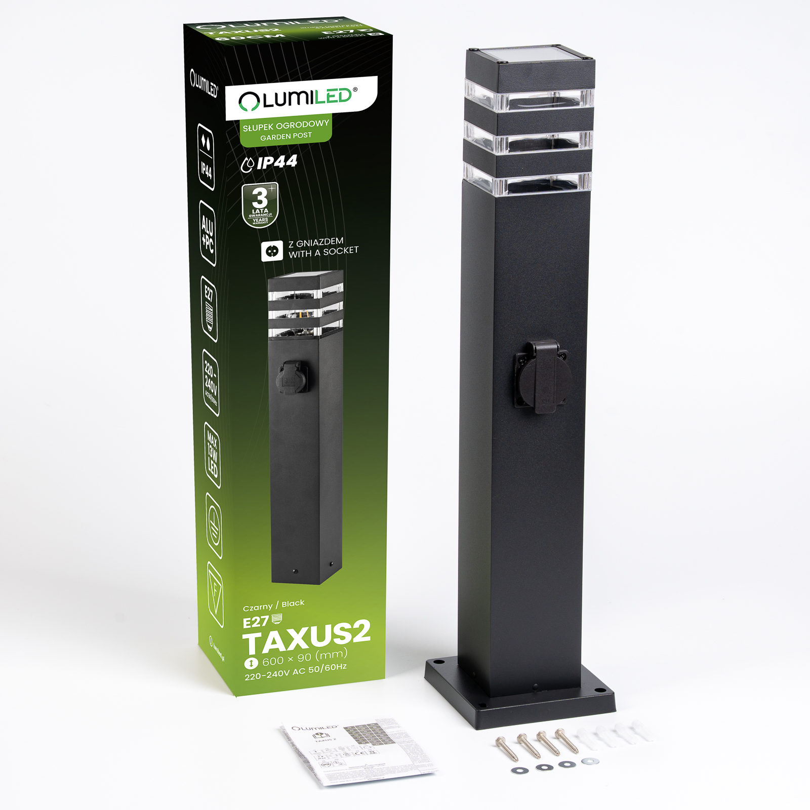 Lampa Ogrodowa Słupek Zewnętrzny Stojący E27 LED z Gniazdem TAXUS 2 60cm LUMILED - skład produktu