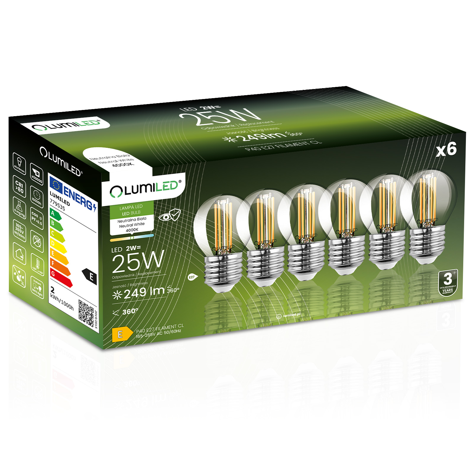 6x Żarówka LED E27 Kulka P45 2W = 25W 249lm 4000K Neutralna 360° FILAMENT LUMILED - główne zdjęcie produktu