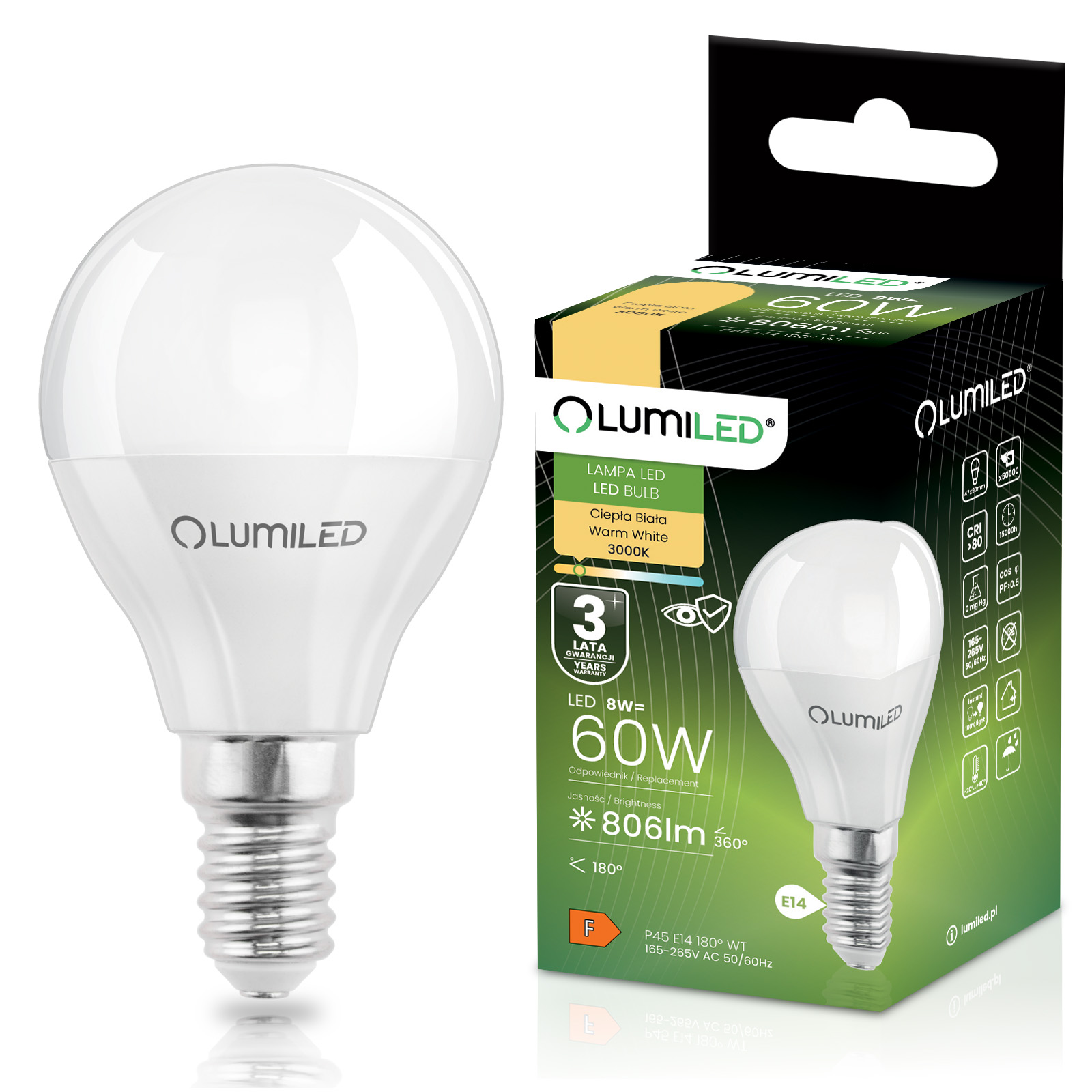 Żarówka LED E14 Kulka P45 8W = 60W 806lm 3000K Ciepła 180° LUMILED - główne zdjęcie produktu