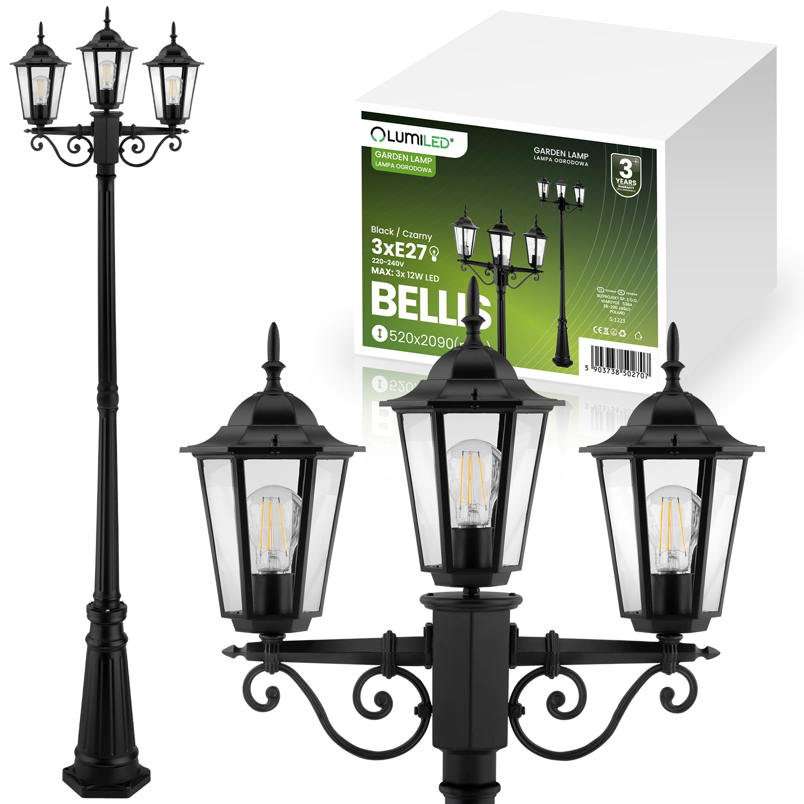 Lampa Ogrodowa Zewnętrzna 3xE27 SŁUPEK LATARNIA 2m Czarna BELLIS LUMILED - główne zdjęcie produktu