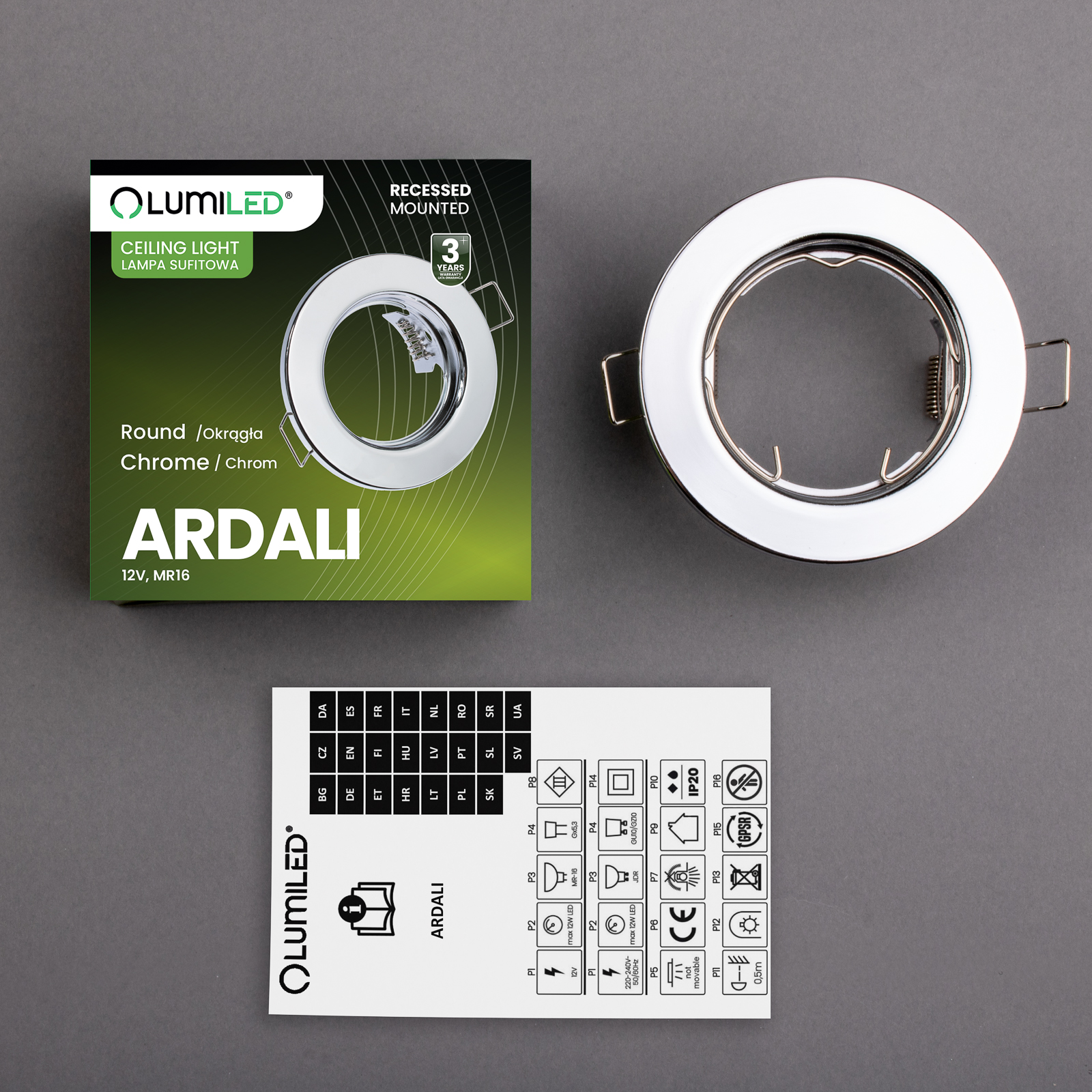 Oprawa Halogenowa Podtynkowa Okrągła Chrom GU10 MR16 ARDALI LUMILED - skład produktu