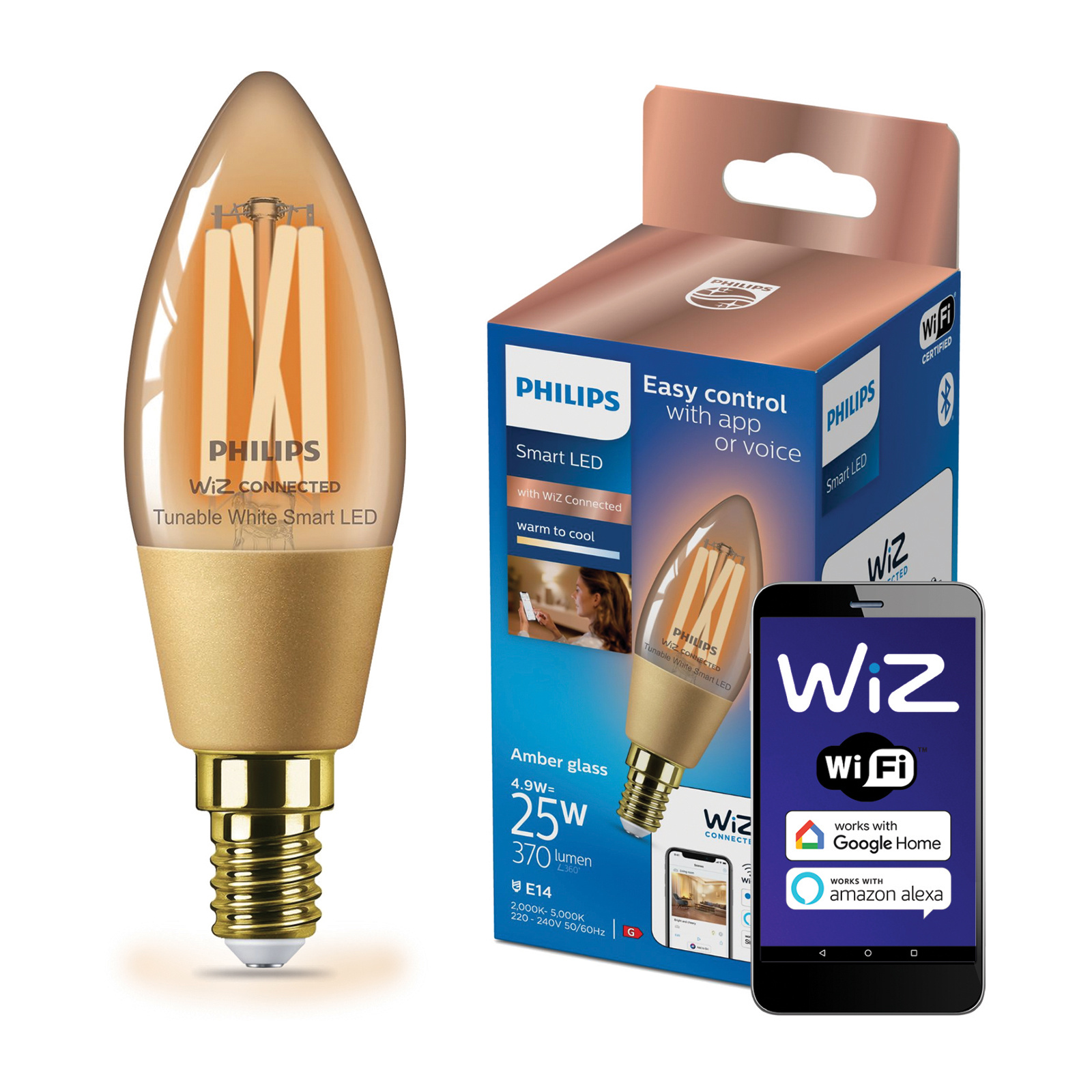 Żarówka LED E14 Świeczka C35 4.9W = 25W 370lm 2000-5000K TW FILAMENT Bursztynowa Inteligentna SMART WiFi Bluetooth Aplikacja WiZ Philips - główne zdjęcie produktu