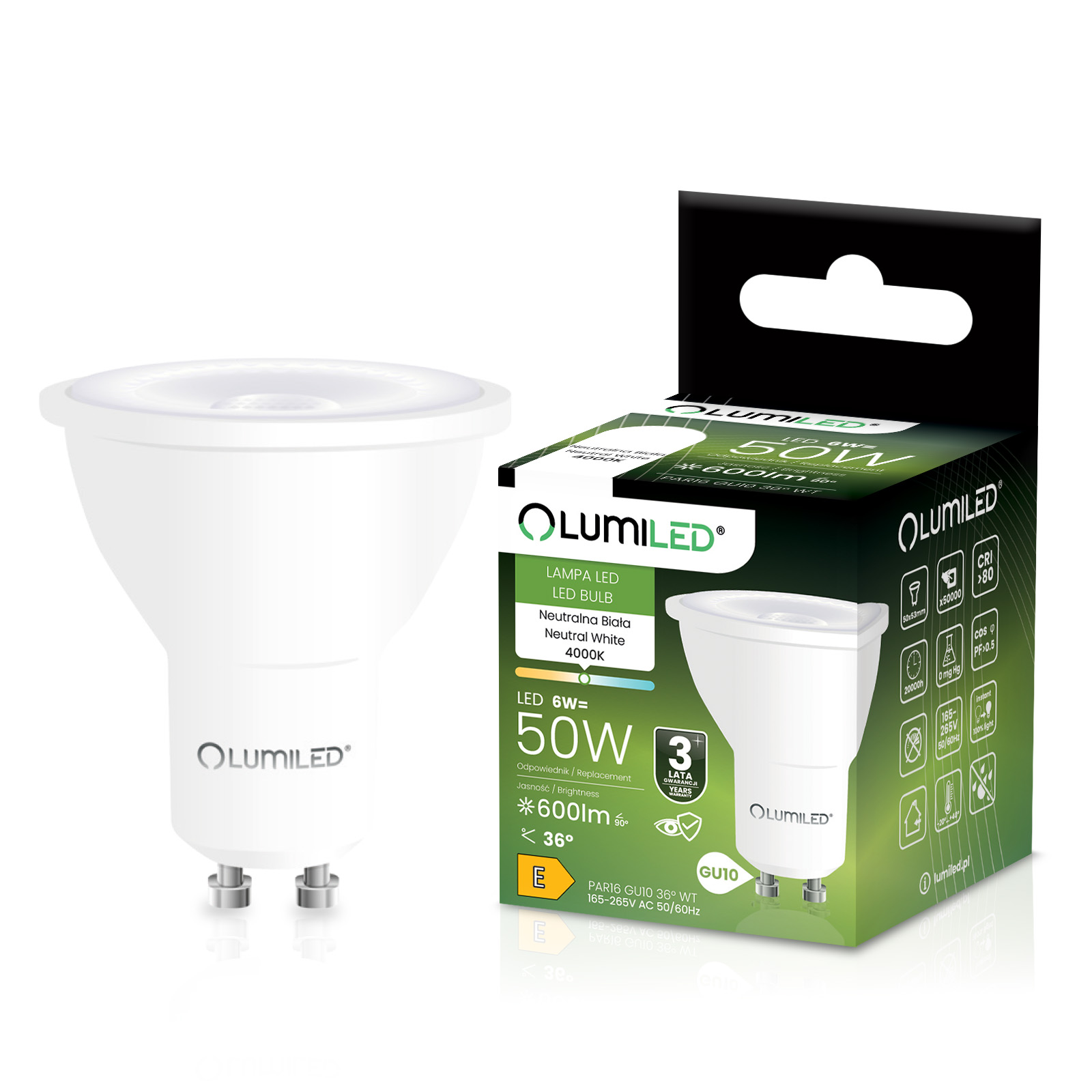 Żarówka LED GU10 Reflektor PAR16 6W = 50W 600lm 4000K Neutralna 36° LUMILED - główne zdjęcie produktu