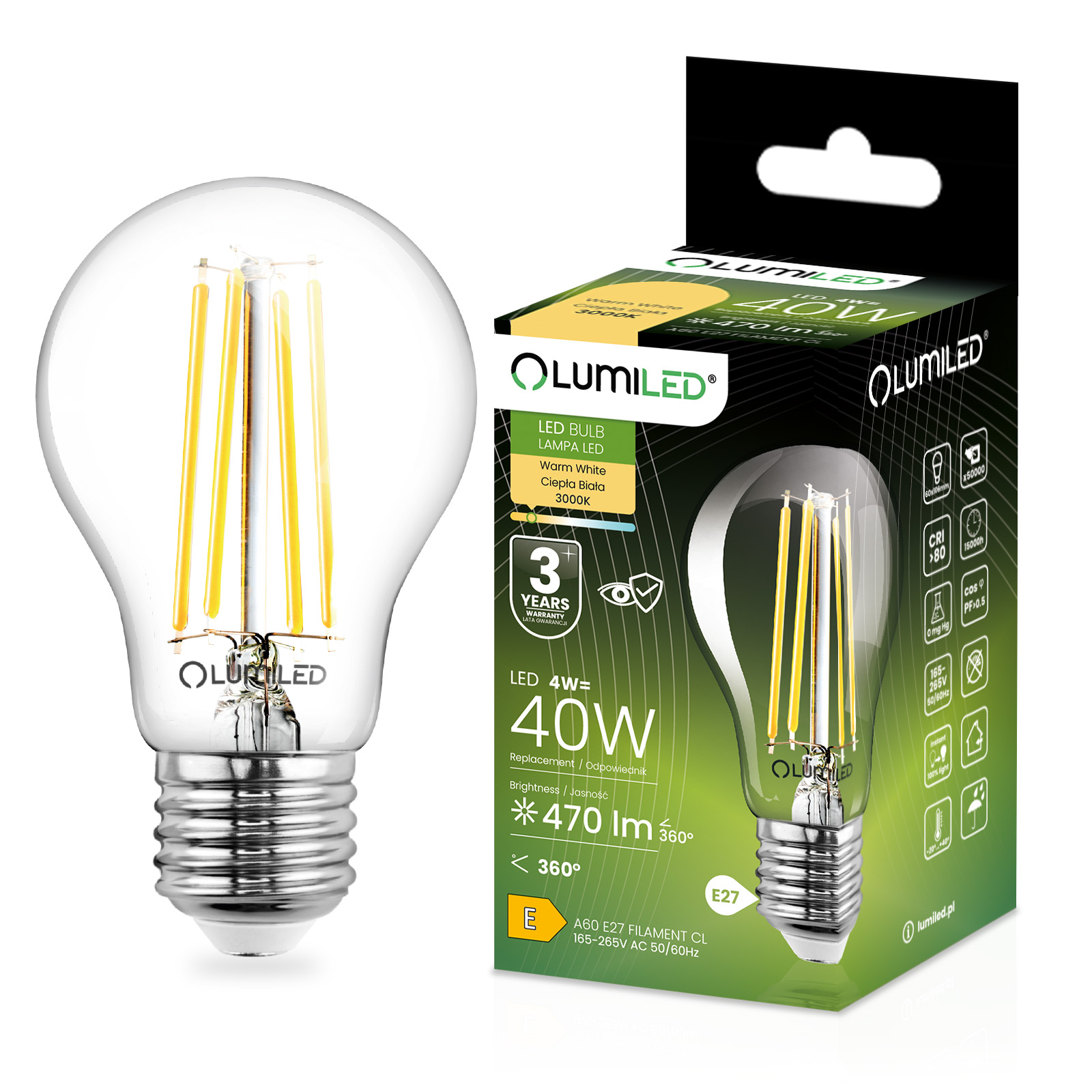 Żarówka LED E27 A60 4W = 40W 470lm 3000K Ciepła 360° FILAMENT LUMILED - główne zdjęcie produktu