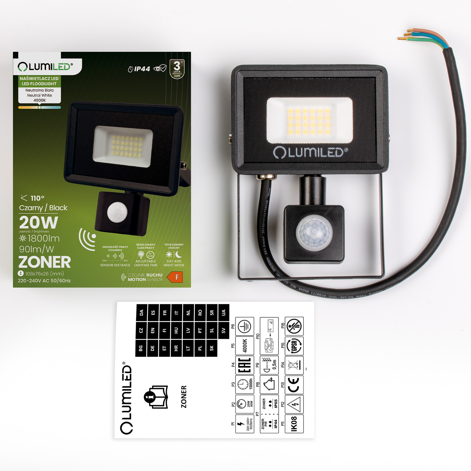 Naświetlacz LED ZONER 20W 1800LM 4000K IP44 Czarny Czujnik Ruchu LUMILED - skład produktu