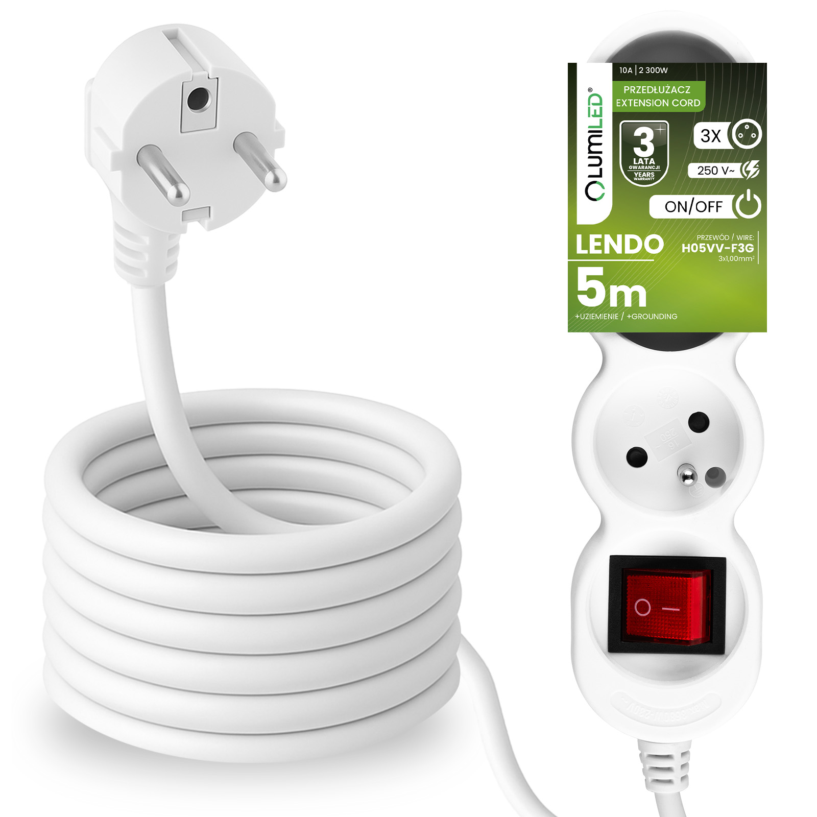 Przedłużacz Sieciowy Kabel z Uziemieniem Listwa Zasilająca 3 Gniazda 5m Włącznik ON/OFF Biały Sznur Lendo Lumiled - główne zdjęcie produktu