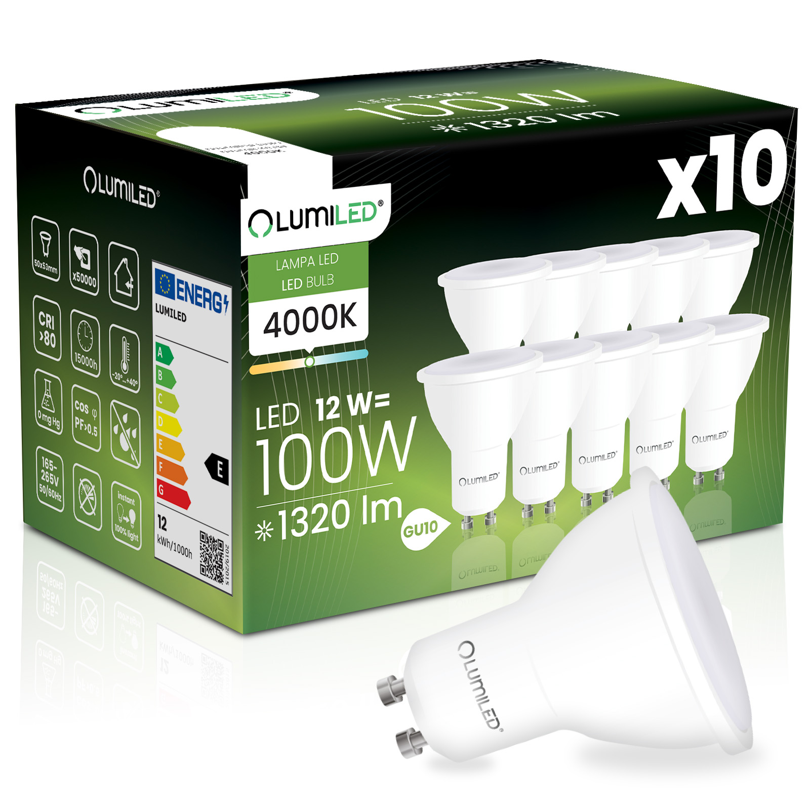 10x Żarówka LED GU10 Reflektor PAR16 12W = 100W 1320LM 4000K Neutralna 120° LUMILED - główne zdjęcie produktu