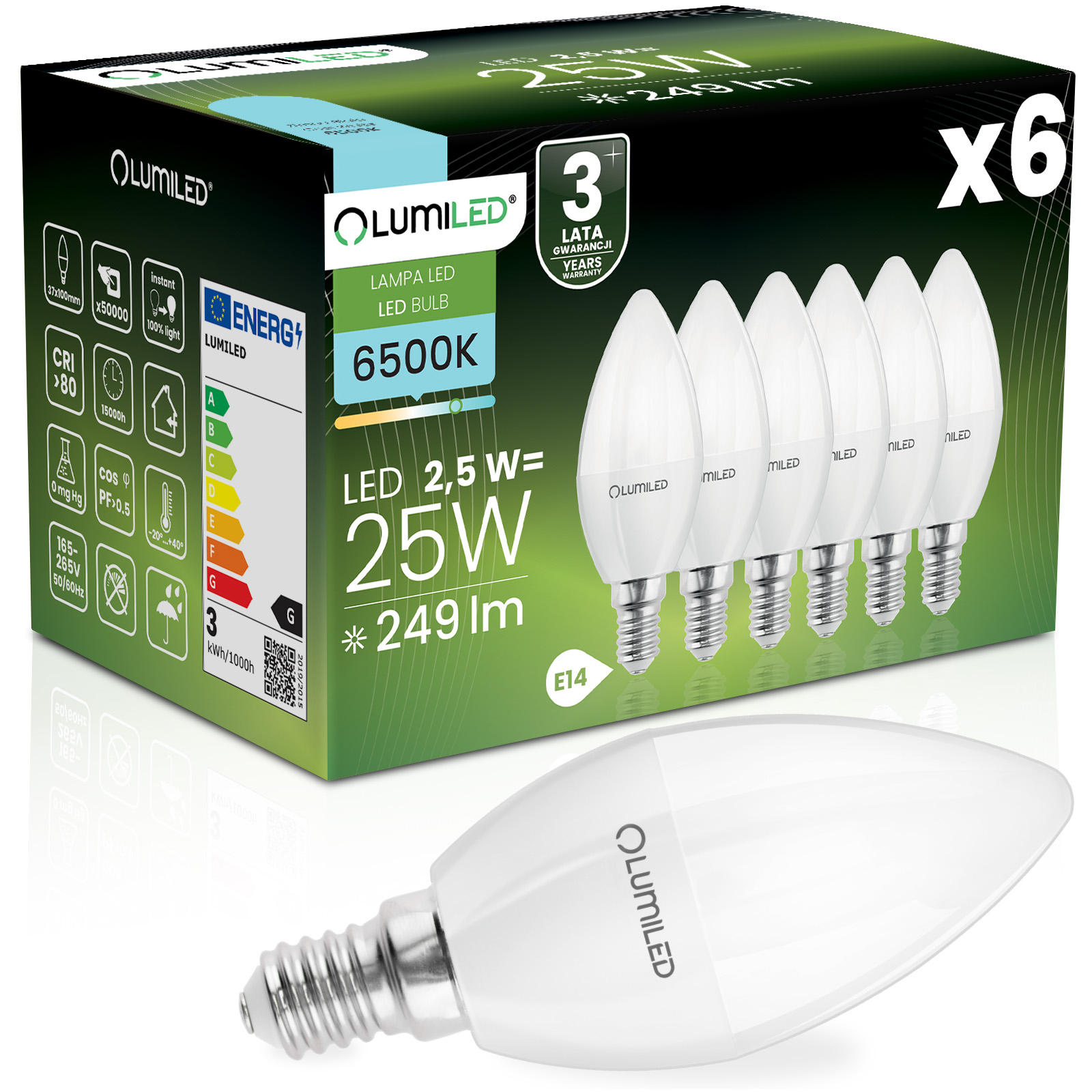 6x Żarówka LED E14 Świeczka B35 2,5W = 25W 249lm 6500K Zimna 180° LUMILED - główne zdjęcie produktu