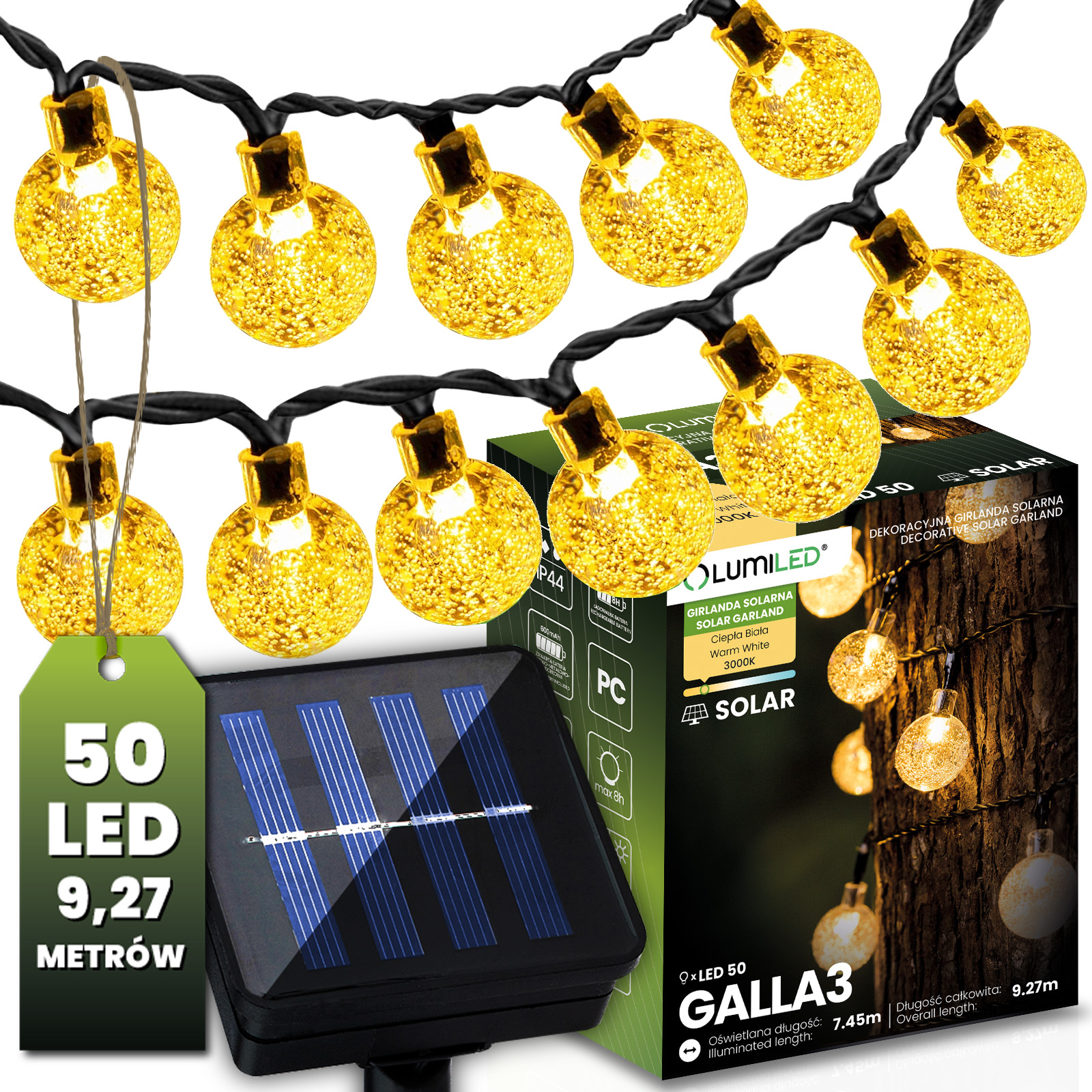 Girlanda Solarna Ogrodowa Lampki Solarne 50x Żarówka LED Kulki na Balkon 9m GALLA3 LUMILED - główne zdjęcie produktu