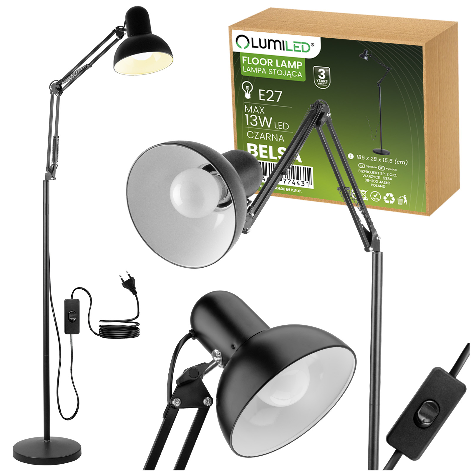 Lampa Stojąca Podłogowa Stołowa LED E27 Czarna z Regulacją Wysokości Belsa Lumiled - główne zdjęcie produktu