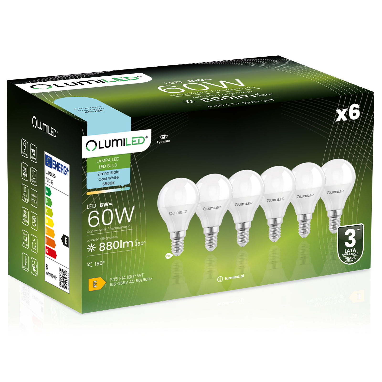 6x Żarówka LED E14 Kulka P45 8W = 60W 880lm 6500K Zimna 180° LUMILED - główne zdjęcie produktu