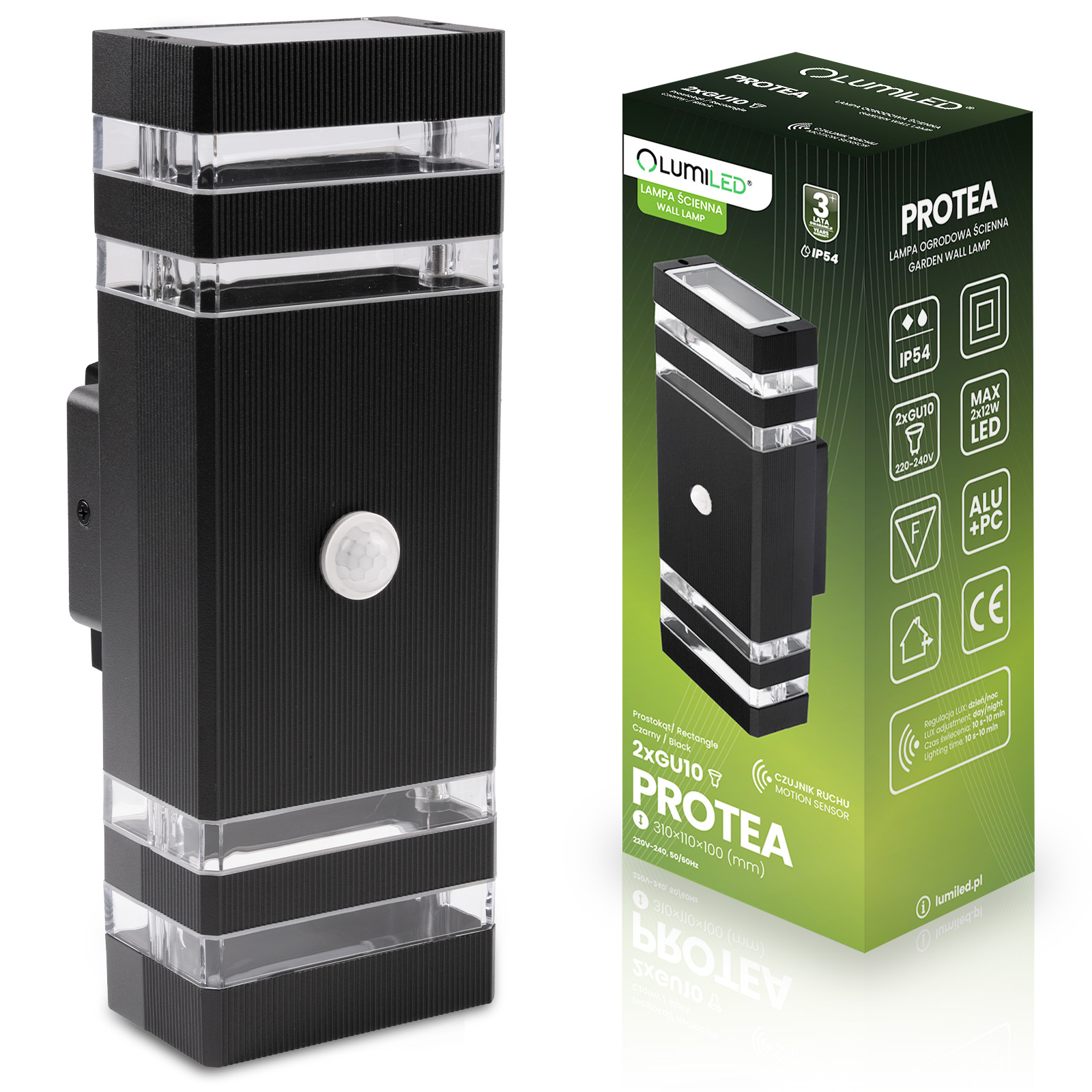 Lampa Ogrodowa Kinkiet Elewacyjny góra dół 2xGU10 Czarny Czujnik Ruchu i Zmierzchu IP54 PROTEA LUMILED - główne zdjęcie produktu