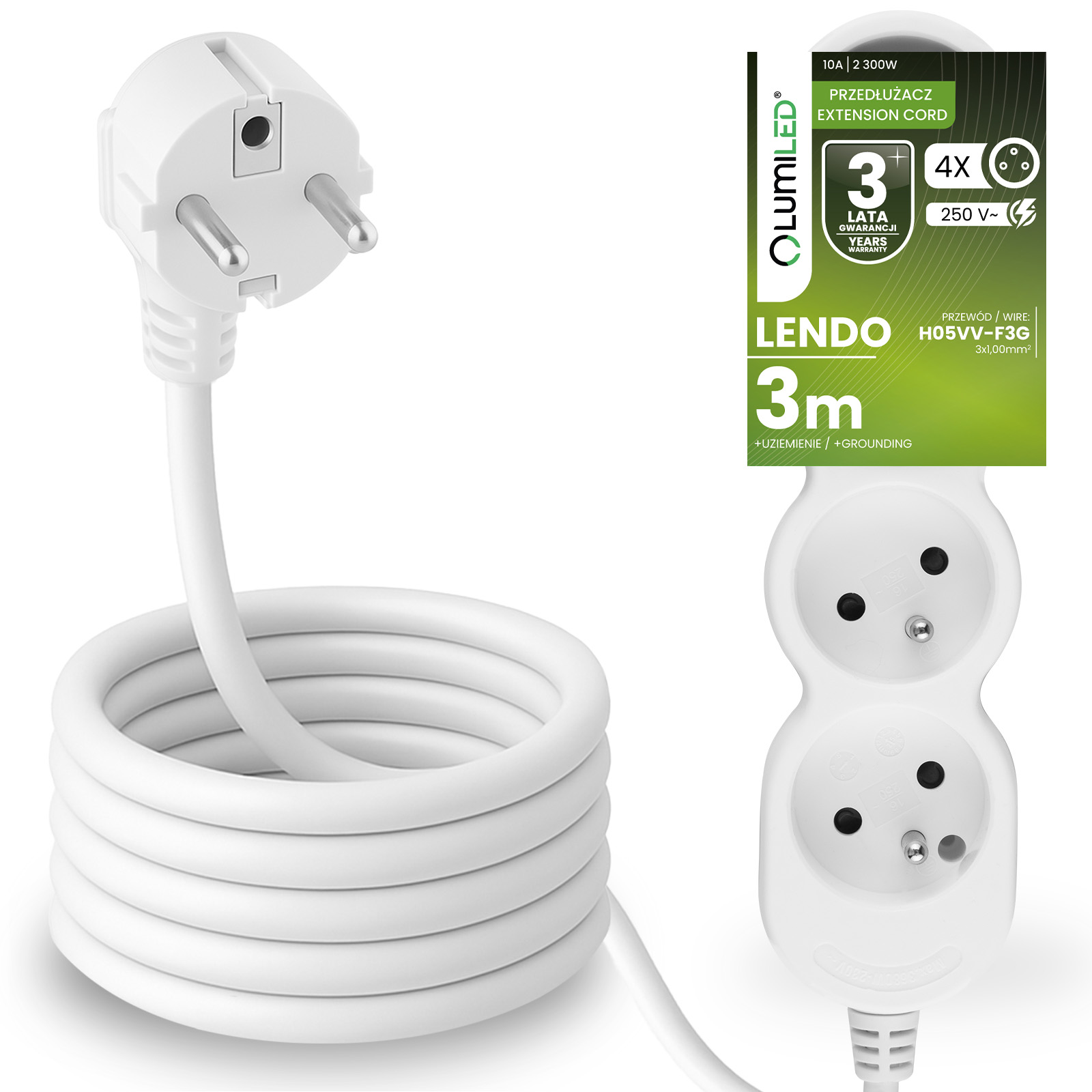 Przedłużacz Sieciowy Kabel z Uziemieniem Listwa Zasilająca 4 Gniazda 3m Biały Sznur Lendo Lumiled - główne zdjęcie produktu