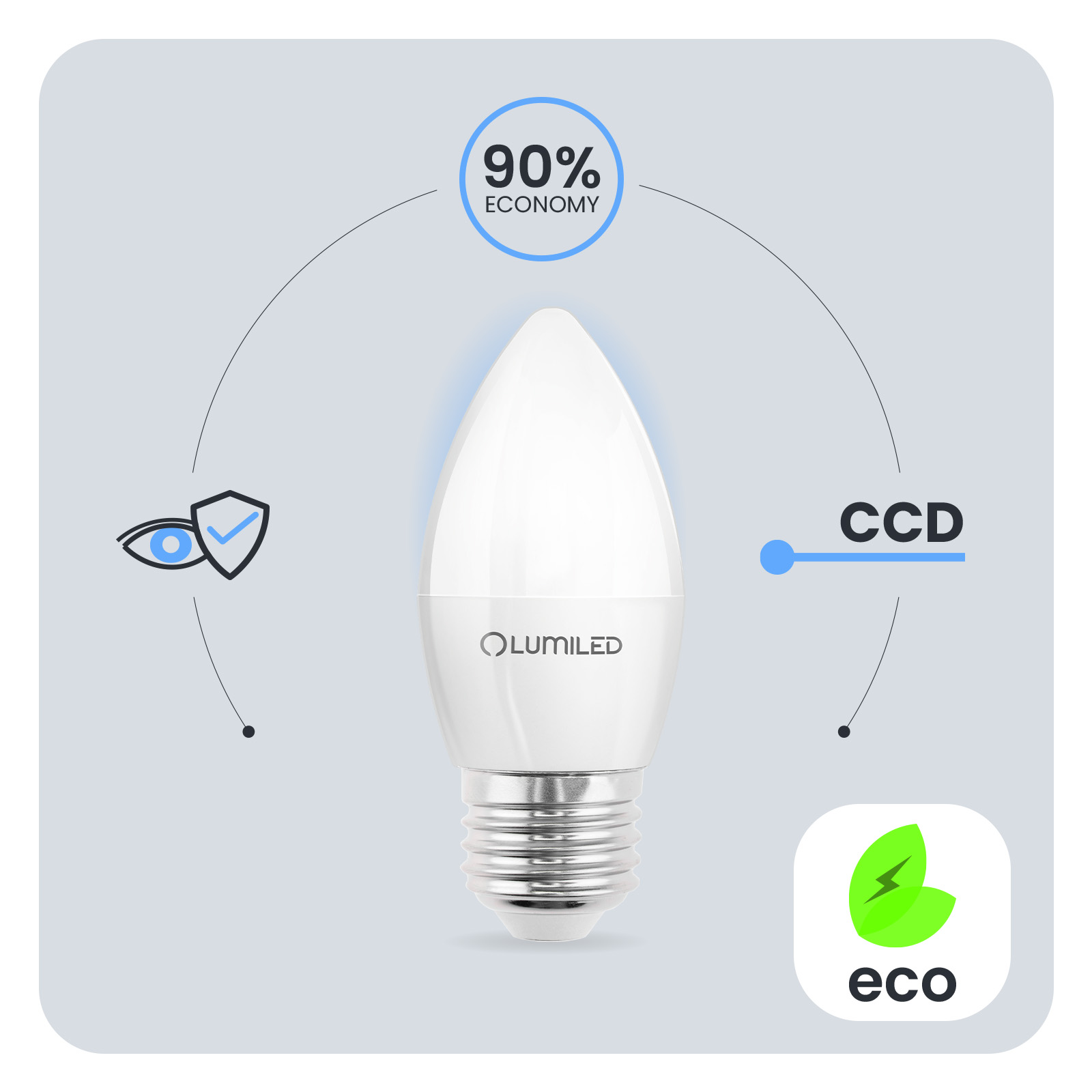 Żarówka LED E27 Świeczka B35 8W = 65W 880lm 6500K Zimna 180° LUMILED - pierwsza cecha produktu