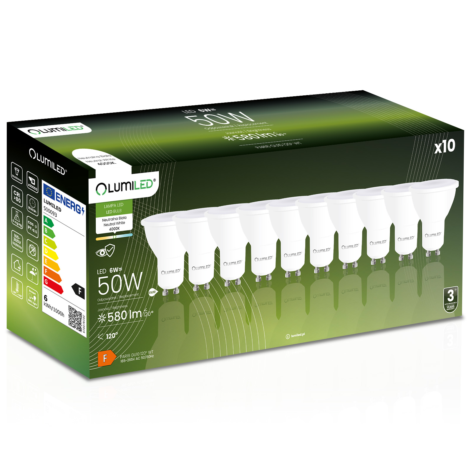 10x Żarówka LED GU10 Reflektor PAR16 6W = 50W 580lm 4000K Neutralna 120° LUMILED - główne zdjęcie produktu