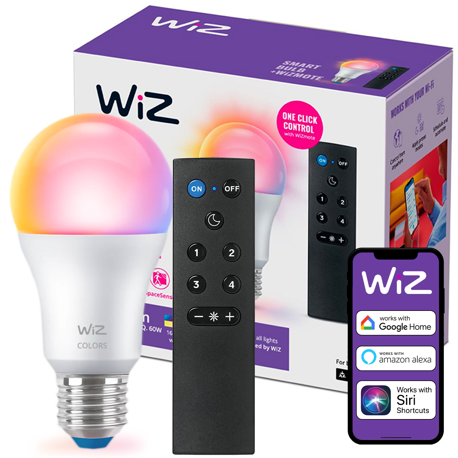 Żarówka LED E27 A60 8.5W = 60W 806lm 2200-6500K RGB + TW Inteligentna SMART WiFi Bluetooth Aplikacja WiZ + Pilot Sterujący - główne zdjęcie produktu