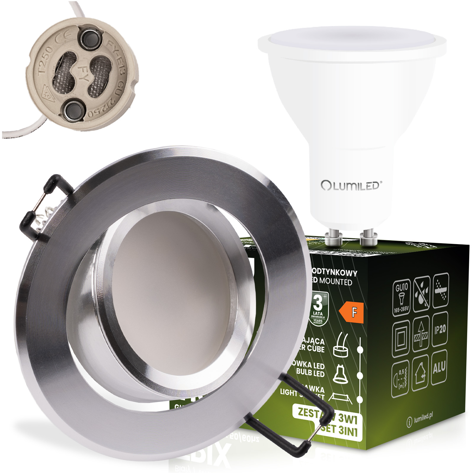 Oprawa Halogenowa Podtynkowa Okrągła Ruchoma TRIX 3w1 GU10 6W 3000K Srebrny LUMILED - główne zdjęcie produktu